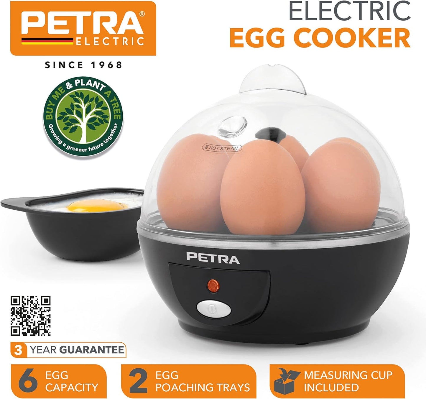 Petra PT2783VDEEU7 Elektrischer Eierkocher - Bereiten Sie Bis Zu 6 Eier Vor, BPA Frei, Kompakter, Drei Siedestufen (weich/mittel/hart), Herausnehmbare Pochierte Eischalen, 430W, Enthält Messbecher