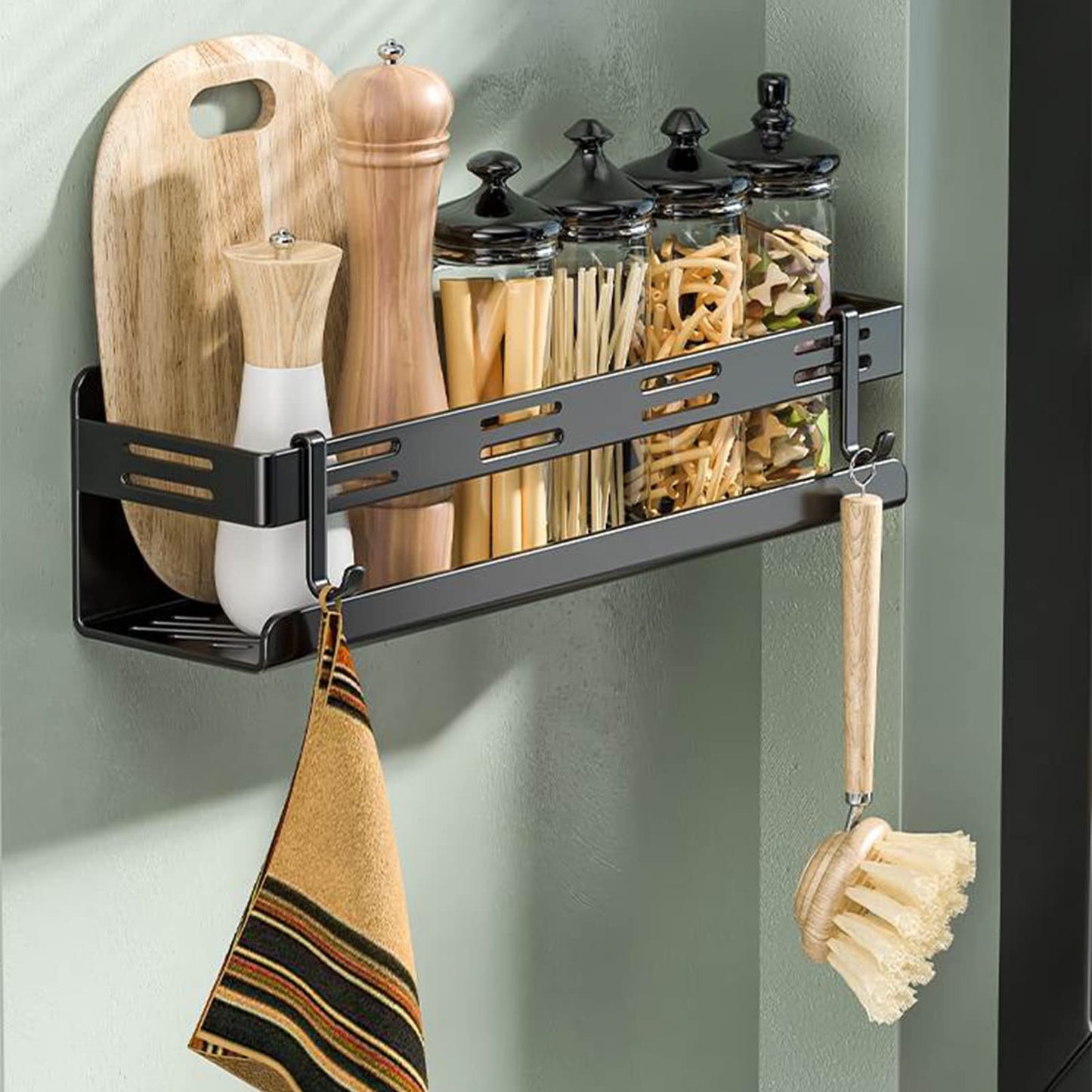 CZKDTT Gewürzregal,Küchenregal wand ohne Bohren,Gewürzregal Hängend Mit Küchenrollenhalter und 4 Haken,küchen organizer schublade,küchenutensilienhalter,35cm schwarz