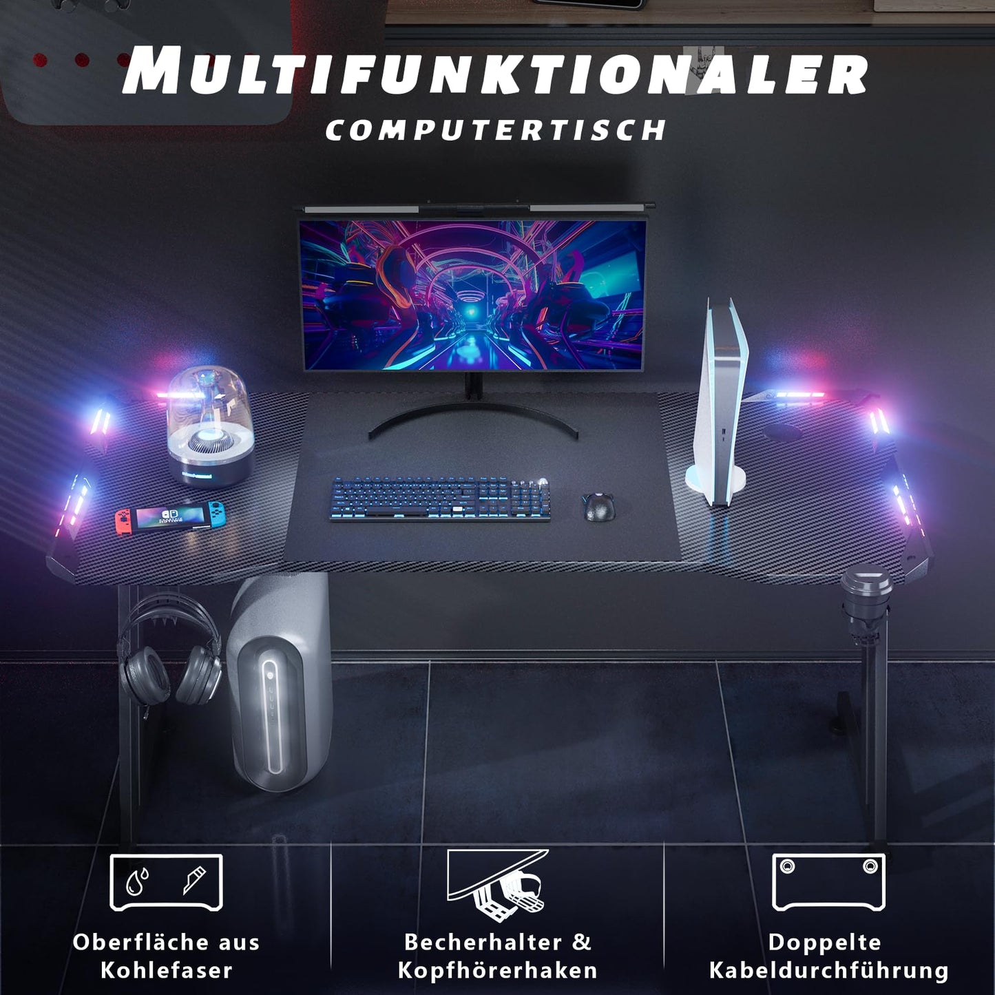 HLONONE 120 x 60 cm Gaming Tisch, Gaming Schreibtisch mit LED, PC Tisch Gaming mit Kohlefaseroberfläche, Stabiler Computertisch für Gaming mit Kopfhörerhaken und Getränkehalter, Schwarz