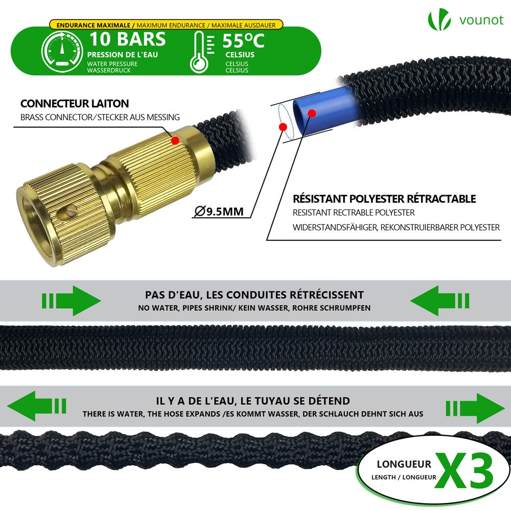 VOUNOT® Flexibler Gartenschlauch 30 m, Flexibel Wasserschlauch Dehnbarer mit 10 Sprühfunktionen, Schnelladaptern und Wandhalterung, Schwarz
