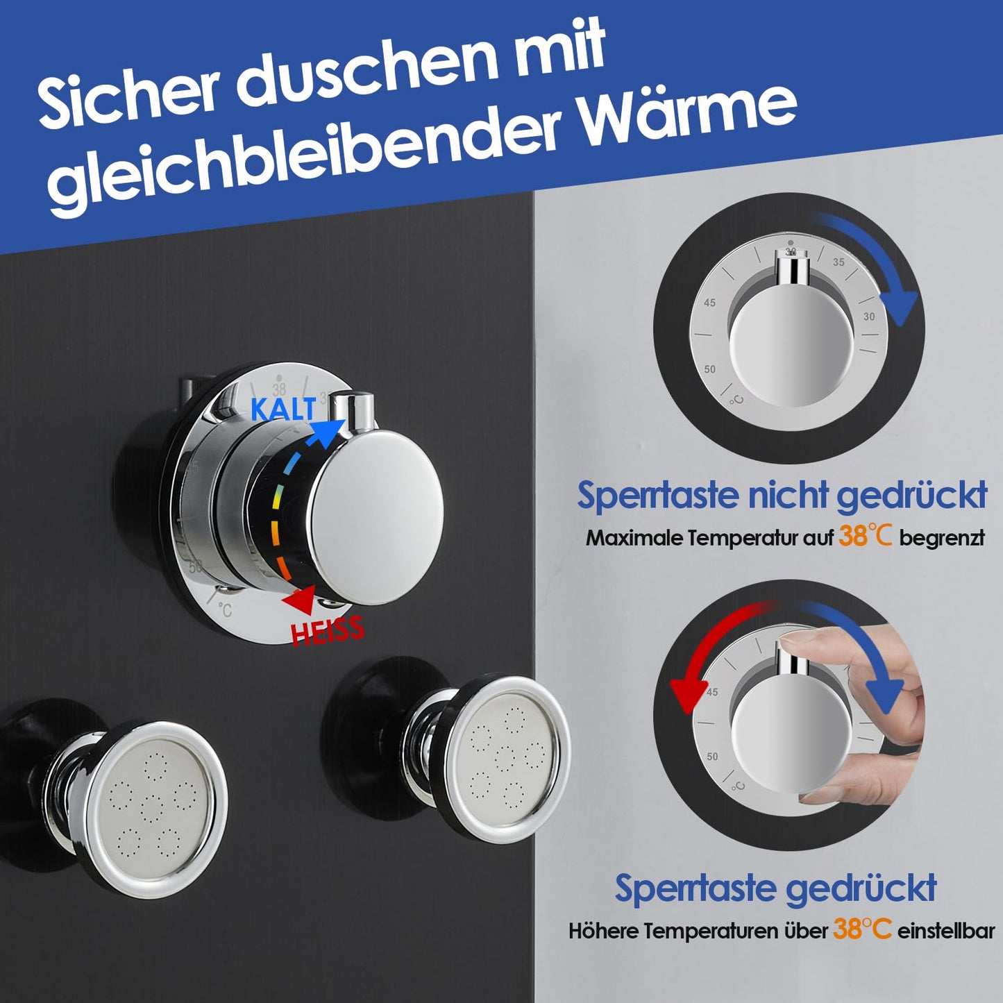 LED Duschpaneel mit Thermostat, OUGOO 6 Funktionen Duschpaneel mit Armatur, Regendusche, Wasserfalldusche, 2-Typ-Massagedüsen, Handbrause und Badewanneneinlauf, 304 Edelstahl, Schwarz