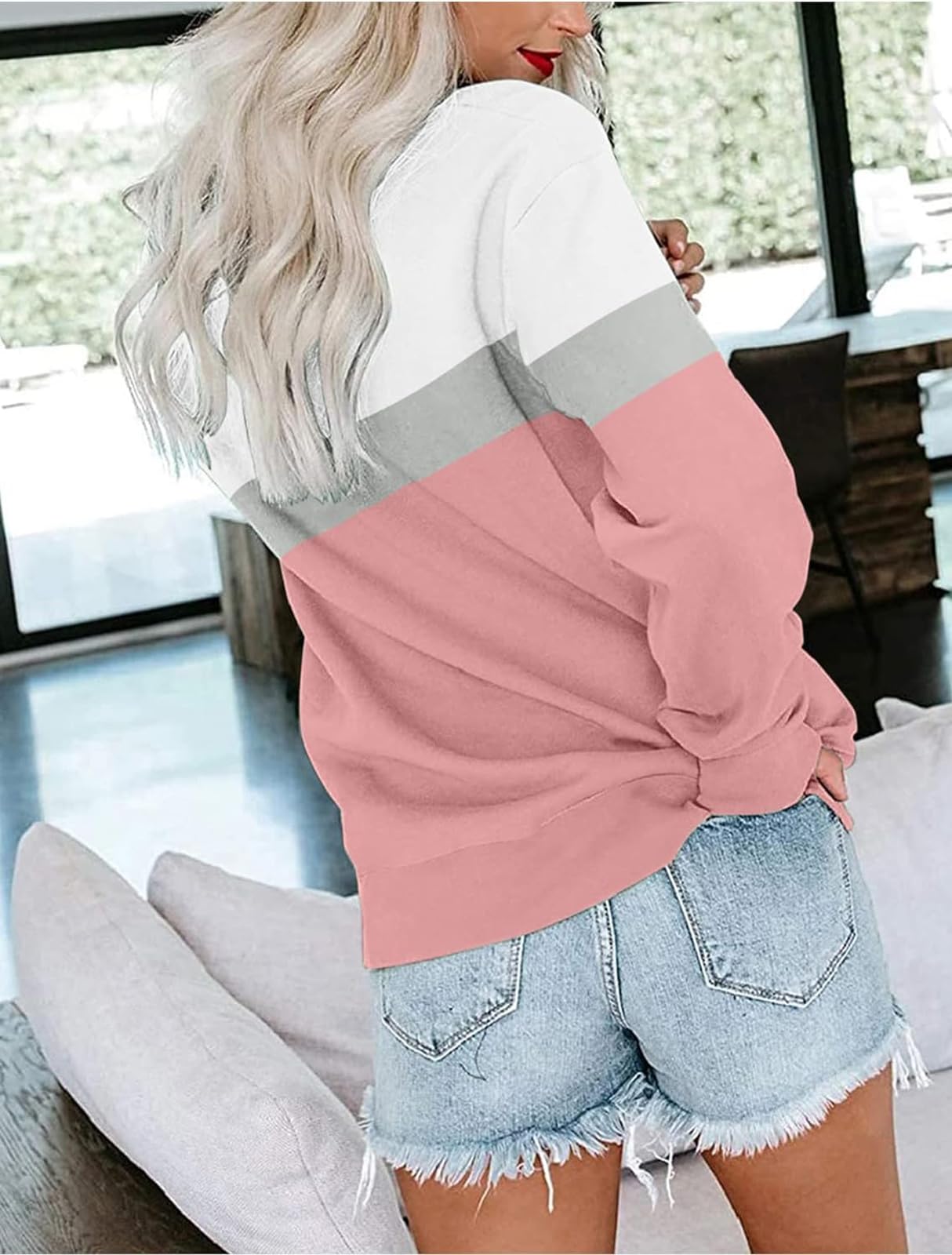 BUHIM Women’s Colorblock Sweatshirt – Casual Crewneck Long Sleeve Pullover