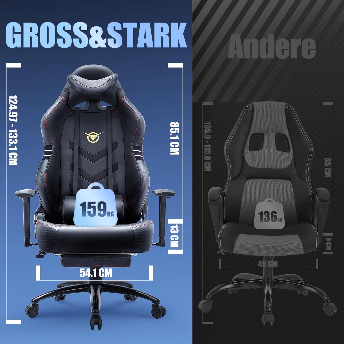 COLAMY Gaming Stuhl mit Fußstütze 160 KG Belastbarkeit-Computer Gamer PC Stuhl, Ergonomisch Hohe Rückenlehne, Verstellbare Rückenlehne, 3D Armlehnen, Kopfstütze und Lordosenstütze, Schwarz