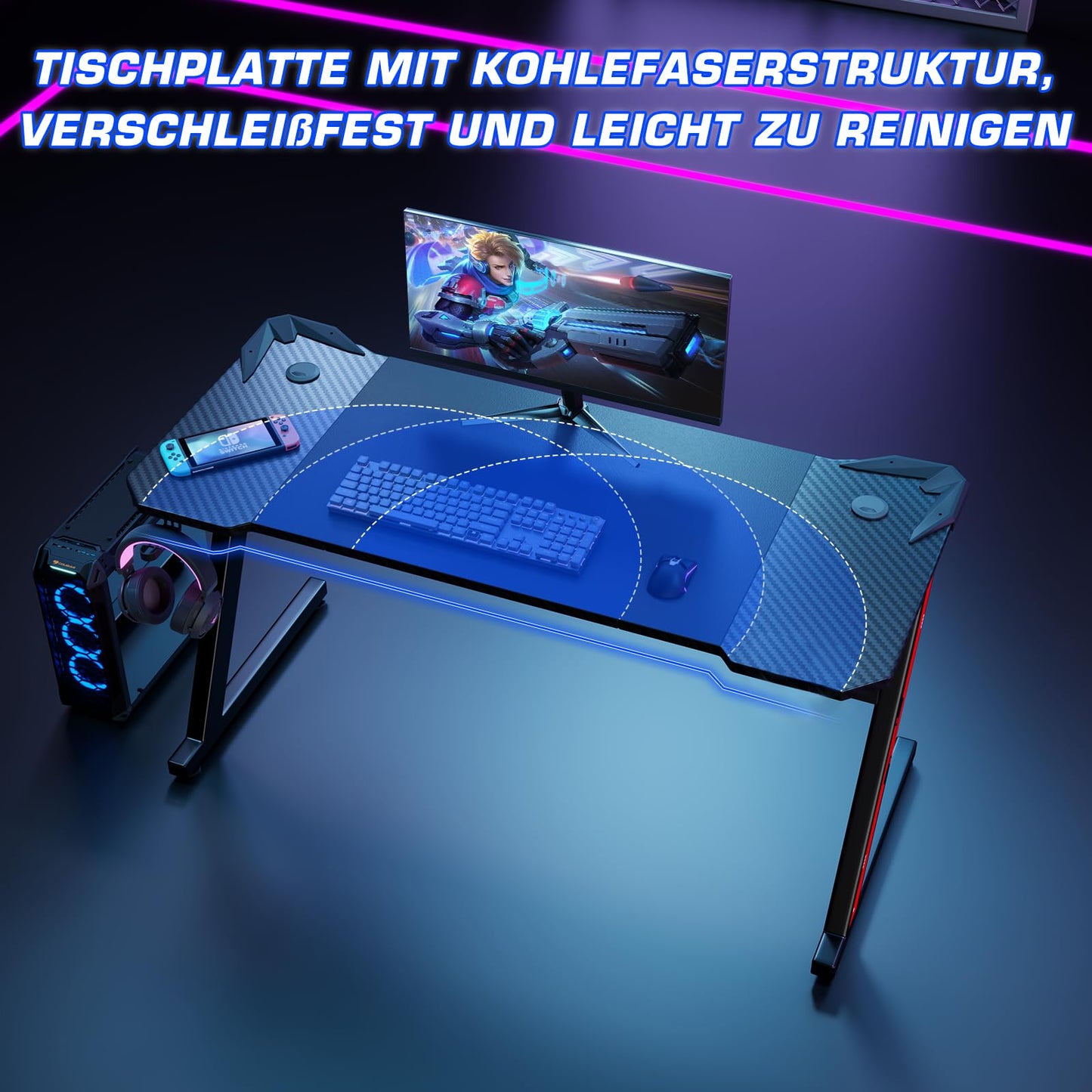 Homall Gaming Table, 80 x 52 cm, Z-Frame Gamer Desk with Headphone Hooks & Drink Holder, Carbon Coating, Ergonomic PC Computer Desk, Sturdy Table