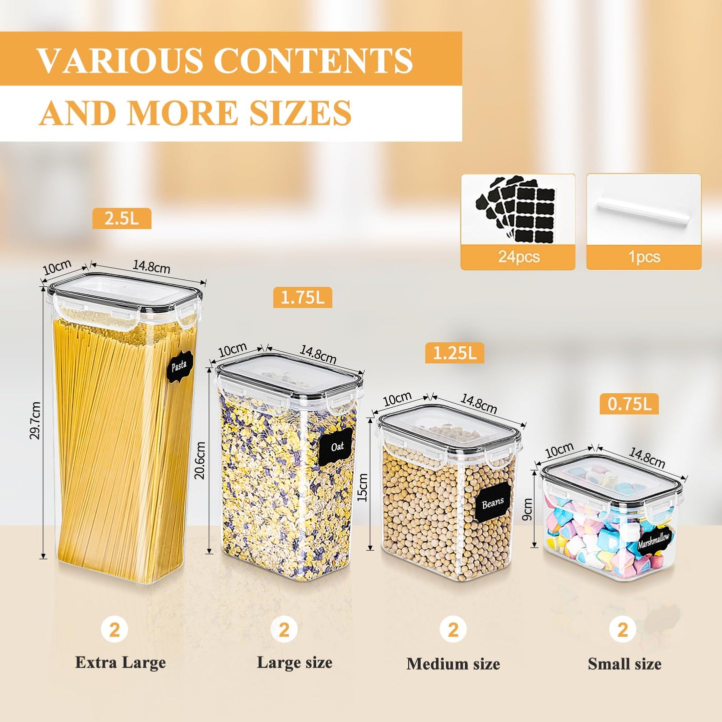 Storage Jars with Lid, Airtight, Large, 4 L, Set of 4, BPA-Free, Storage Box, Kitchen, Moth-Proof Kitchen Organiser, Flour, Spaghetti Cornflakes, Cereal Storage, Storage Container with Labels