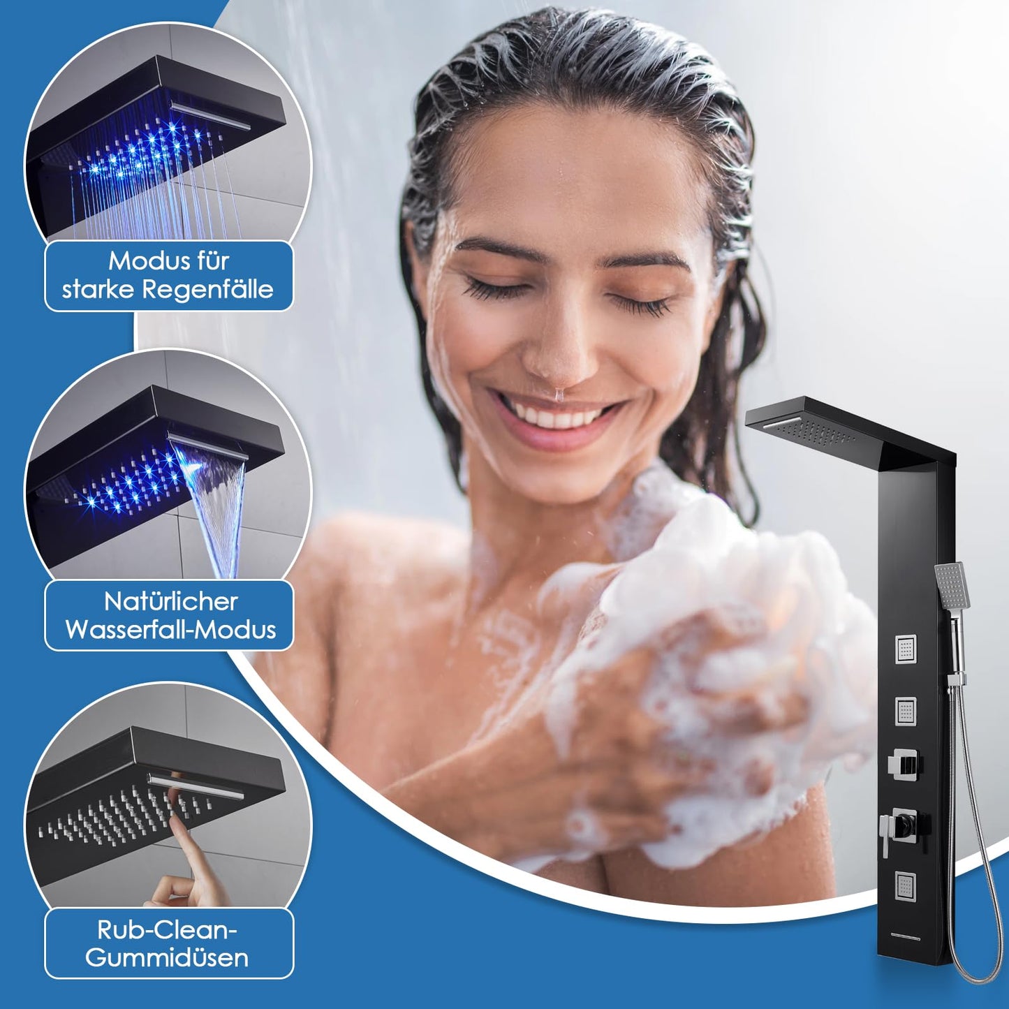 LED Duschpaneel mit Thermostat, OUGOO 6 Funktionen Duschpaneel mit Armatur, Regendusche, Wasserfalldusche, 2-Typ-Massagedüsen, Handbrause und Badewanneneinlauf, 304 Edelstahl, Schwarz
