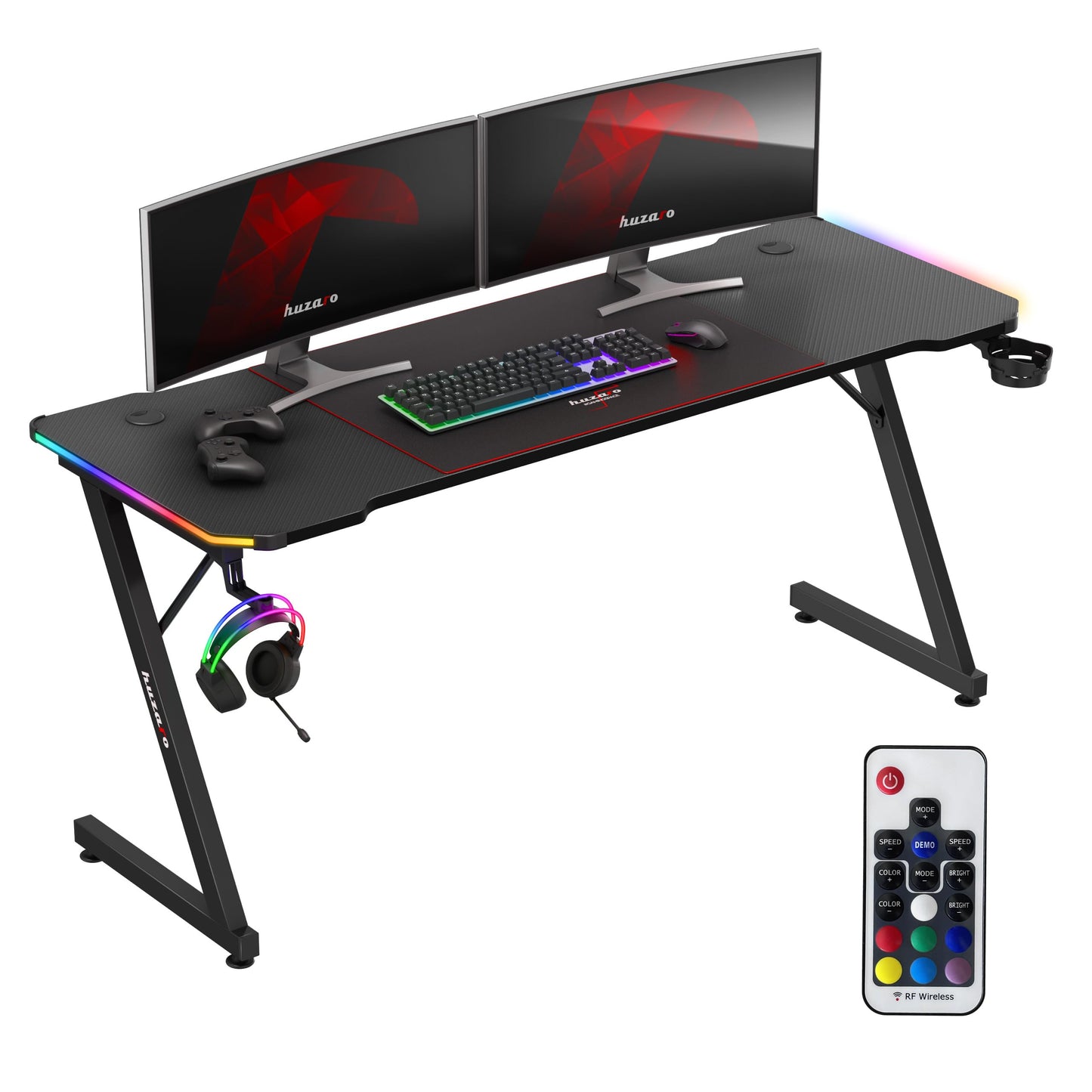huzaro Hero 4.8 RGB | LED Gaming PC Tisch XXL Schreibtisch | Inklusive Mauspad | Kopfhörerhaken Getränkehalter | Kabelorganisator | Carbon Tischplatte | Stabiler Computertisch | 160x60cm | Schwarz