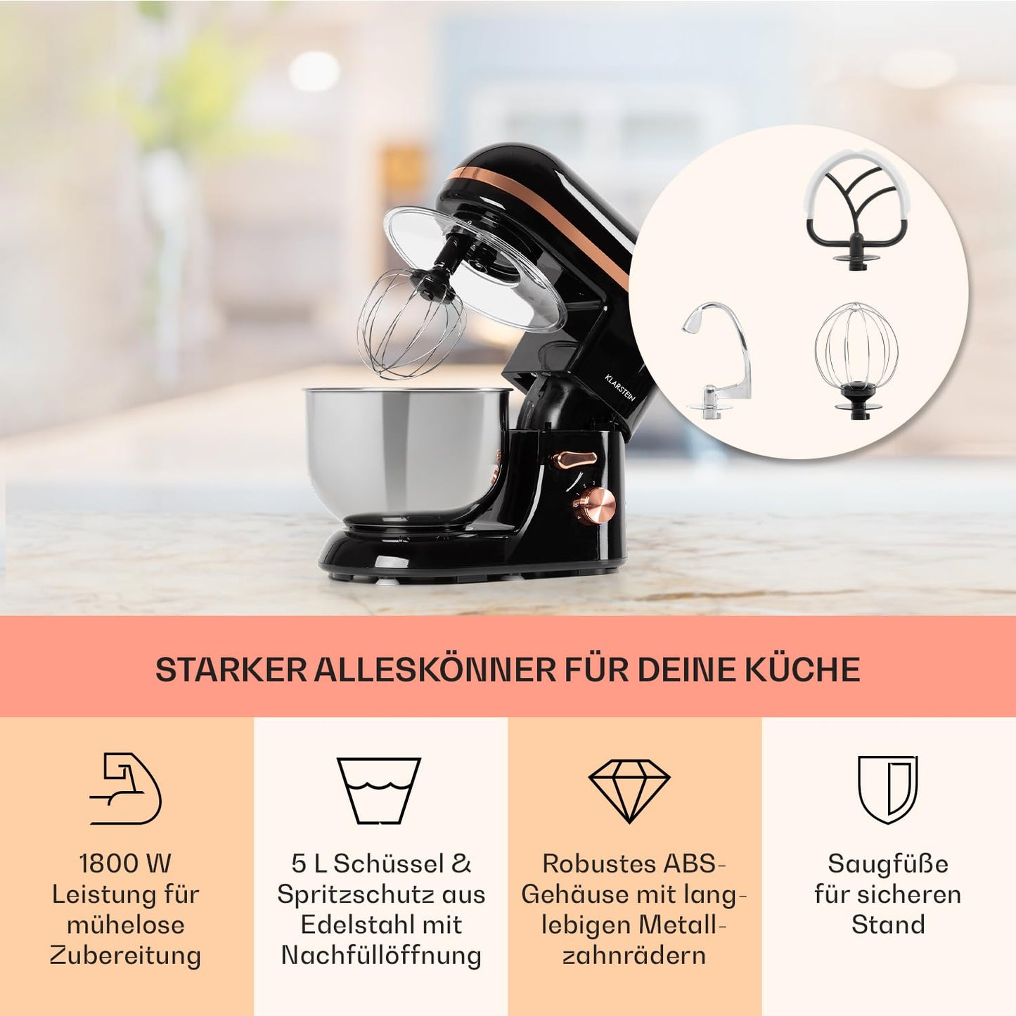 Klarstein Küchenmaschine, Knetmaschine mit 5L Schüssel, 1800W Profi Küchenmaschine mit Knethaken und Schneebesen, Universal Küchenmaschine mit 6 Stufen, Teigmaschine zum Rühren, Kneten und Aufschlagen