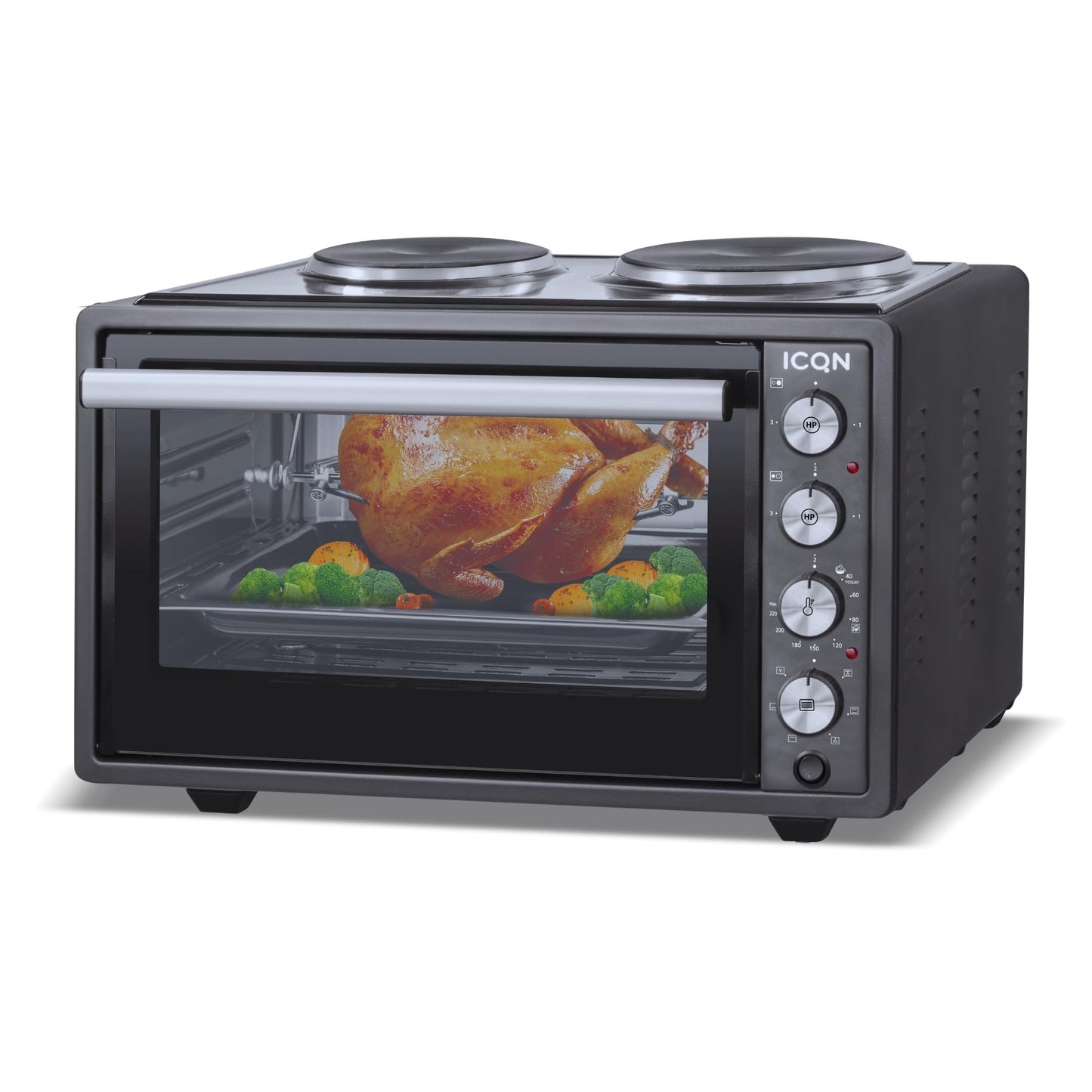 ICQN Kompakter Minibackofen 15 Liter, 1200W, 60 min-Timer, 3 Kochfuntionen, 90°-230°C, Kleiner Camping Ofen, Anthrazit, 2-Jahre Garantie