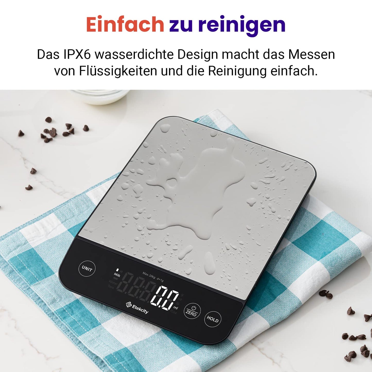 ETEKCITY Küchenwaage, digital 5KG mit großem LCD-Display,Digitalwaage, Briefwaage mit Großer Edelstahl Wiegefläche, Flüssigkeitsmessung, hohe Präzision auf bis zu 1g, Tara-Funktion, Silber