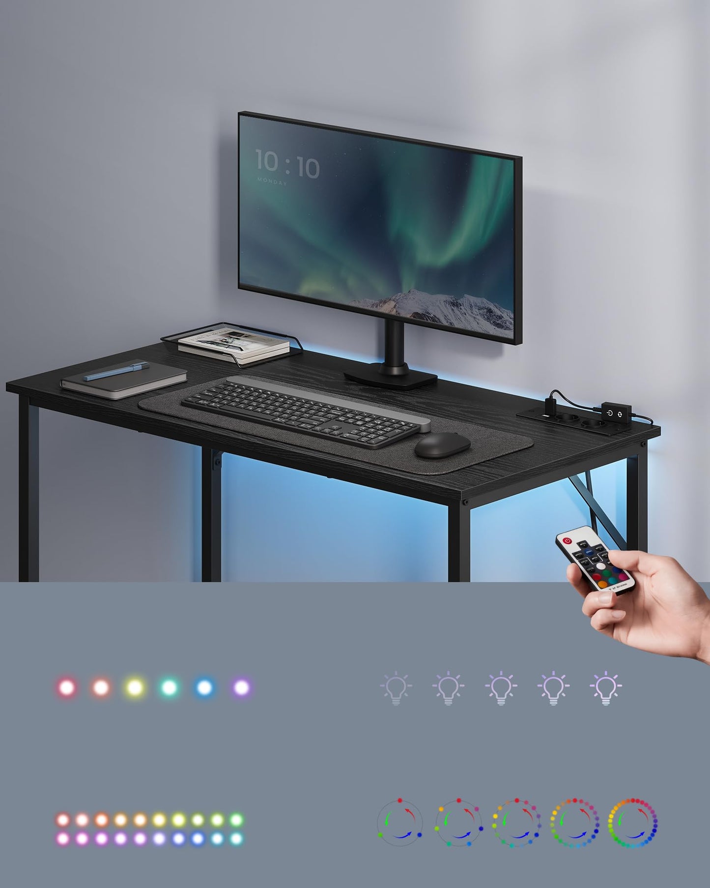 VASAGLE Schreibtisch, Gaming-Tisch mit LED-Beleuchtung, Steckdosenleiste, Computertisch, 50 x 100 x 76, platzsparend, für Arbeitszimmer, Homeoffice, vintagebraun-tintenschwarz LWD141B81