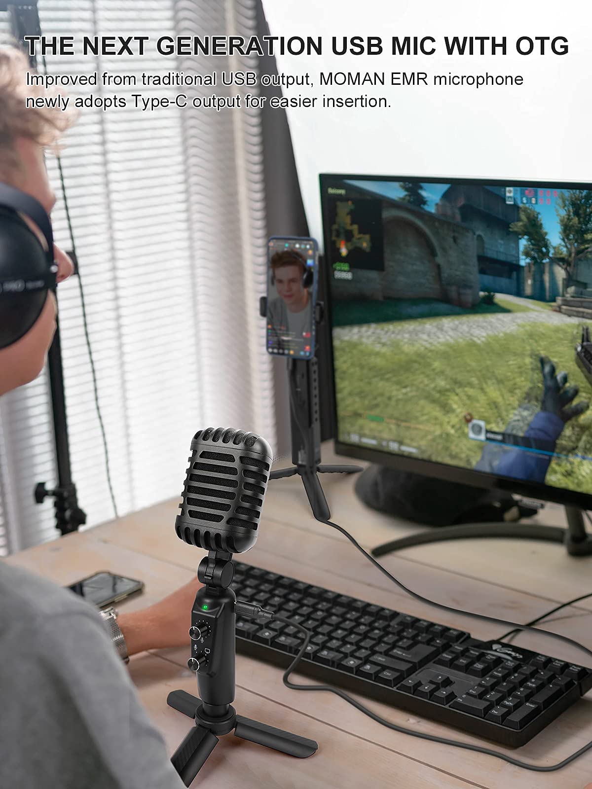 Mikrofon pc, Streaming Mikrofon für PC, PS4, PS5, Condenser Microphones USB C für Gaming, Podcast, Aufnahmen, Streaming, mit Stumm/Gain, Adapter für Phone,Kompatibel mit Mac, Winows