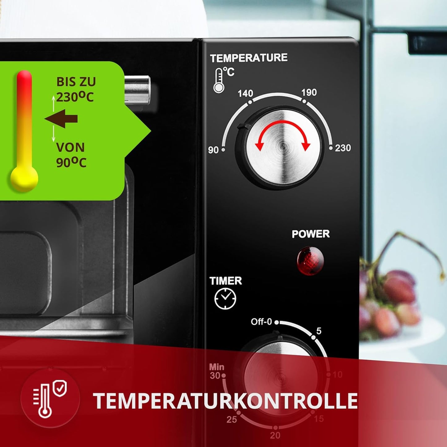 MPM Freistehender Elektrobackofen 10 Liter, Mini Ofen, Heißluft, 800W, Schwarz