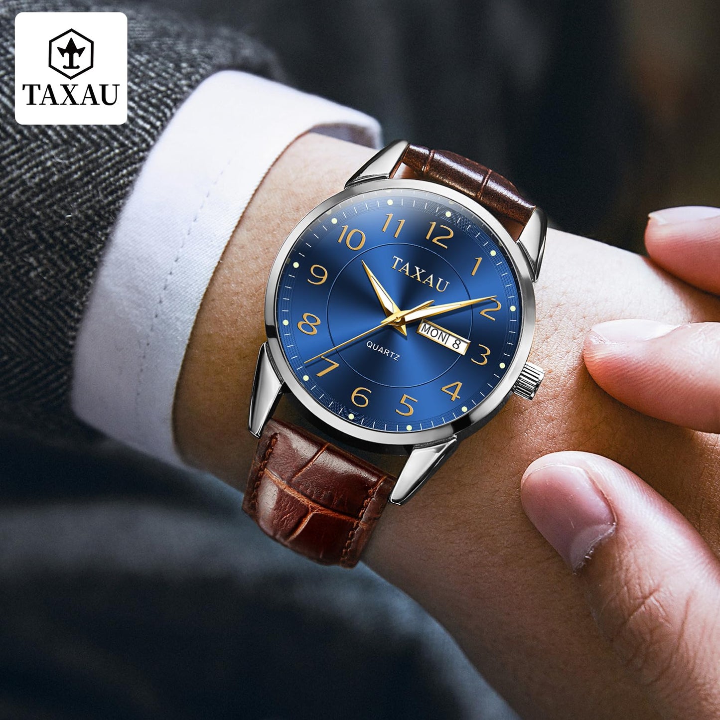 Taxau Klassische Lederuhren für Männer Analog Quartz Big Dial Luxus Armbanduhren Wasserdicht Luminous Day Date Reloj para Hombre