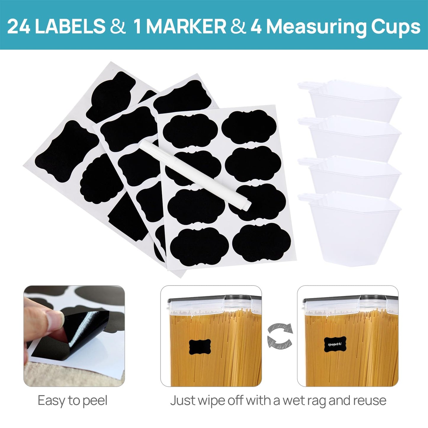 Vtopmart 5.2L Groß Vorratsdosen mit Deckel Luftdicht, 4 Stück Plastik Aufbewahrungsbox Küche Organizer BPA Frei, Aufbewahrung Vorratsbehälter für Zucker und Mehl mit Etiketten und Messbechern
