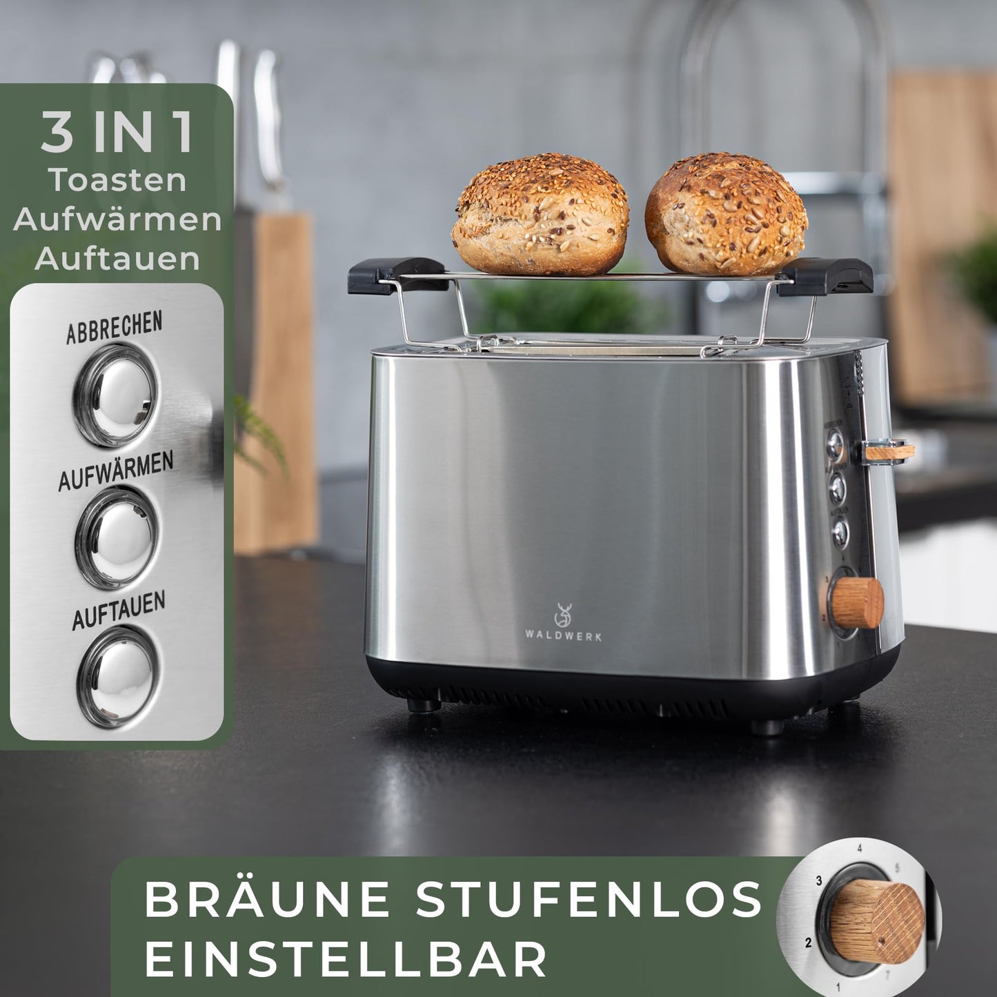 WALDWERK Design Toaster - Made of 304 Stainless Steel and Oak Wood - for 2 Slices - with Bun Attachment - with Extra Wide and Deep Toast Chambers - with Crumb Drawer