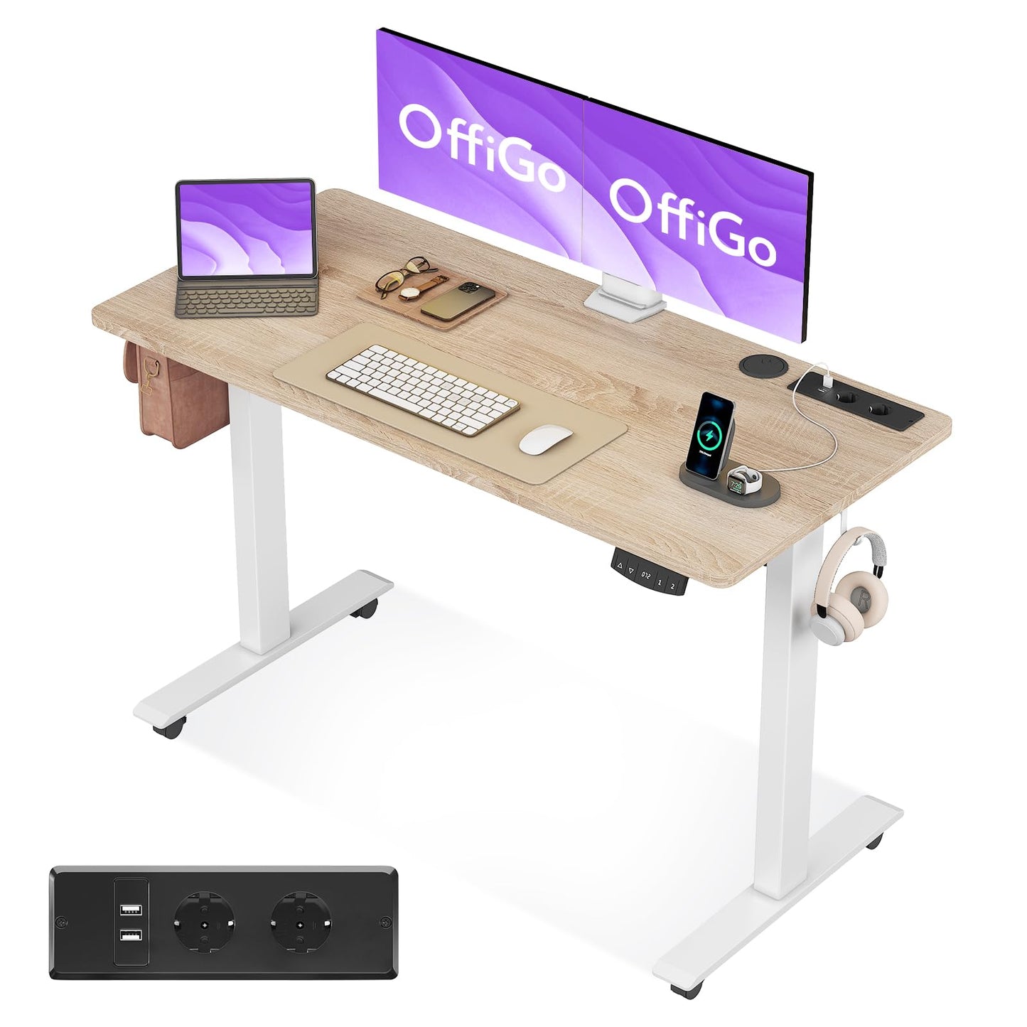 OffiGo Höhenverstellbarer Schreibtisch, 180cm, Elektrischer Schreibtisch mit USB, Schreibtisch Höhenverstellbar mit 2 Memory Funktion, Tisch Höhenverstellbar für Büro, Zuhause, Gaming, Schwarz