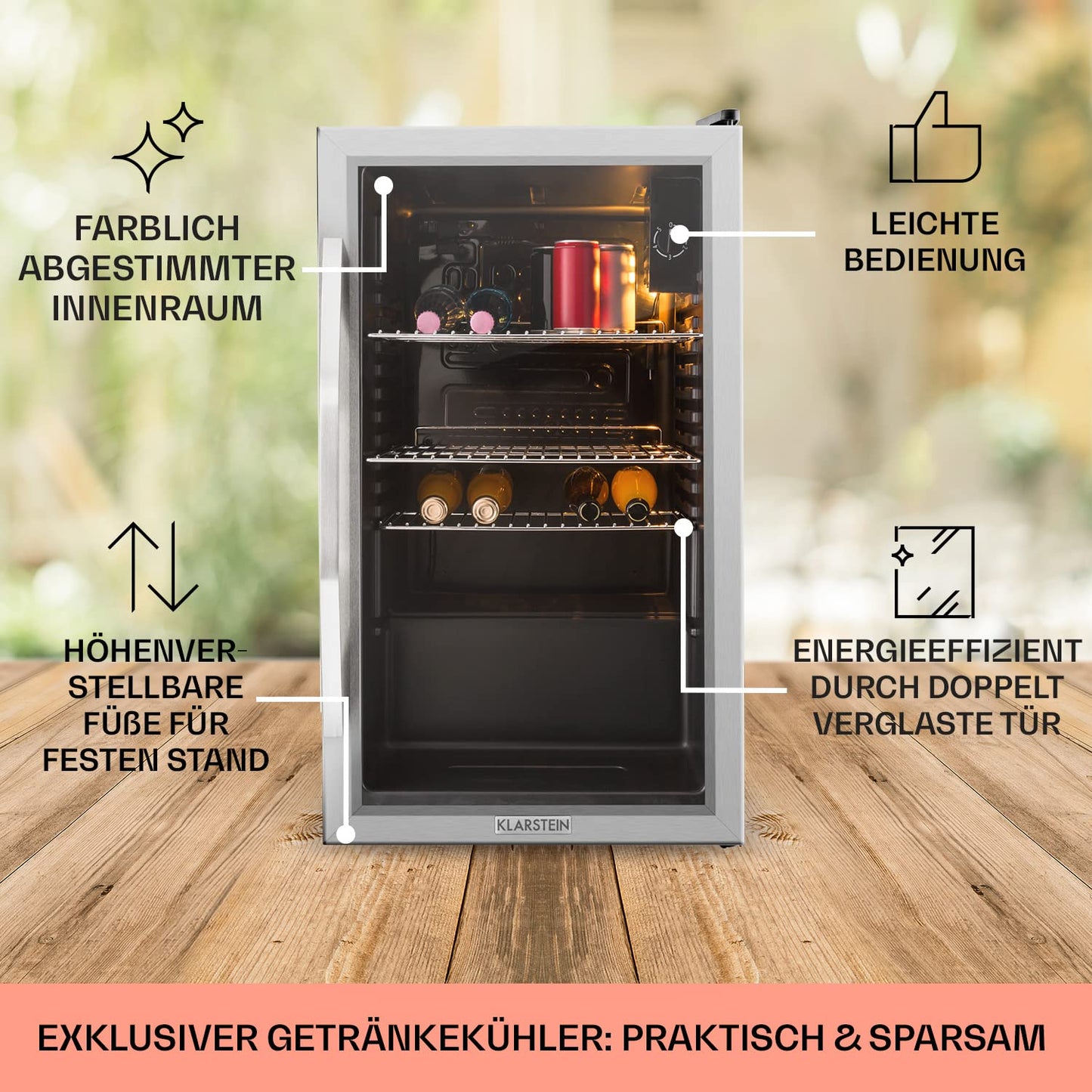 Klarstein Mini Fridge with Glass Door, Mini, for Room, Drinks Fridge Small with Adjustable Shelves, with Waveform Racks, 60 Liter Refrigerator Quiet