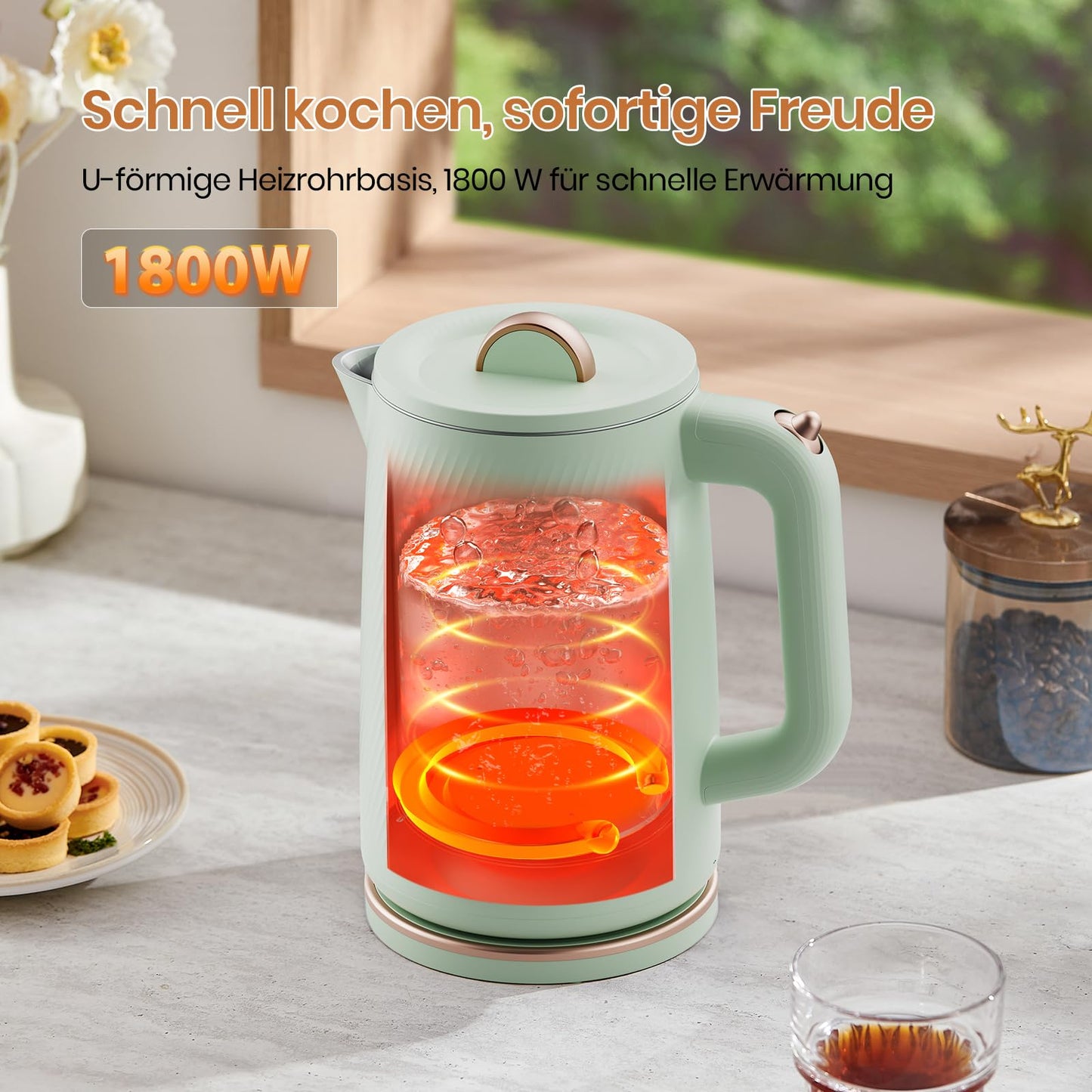 OLEGA Wasserkocher - 1800W Schnellaufheizender Elektrischer Teekessel BPA-freier 304 Edelstahl Elektrischer Wasserkocher mit Automatischer Abschaltung und Trockengehschutz Perfekt für die Familie 1.8L