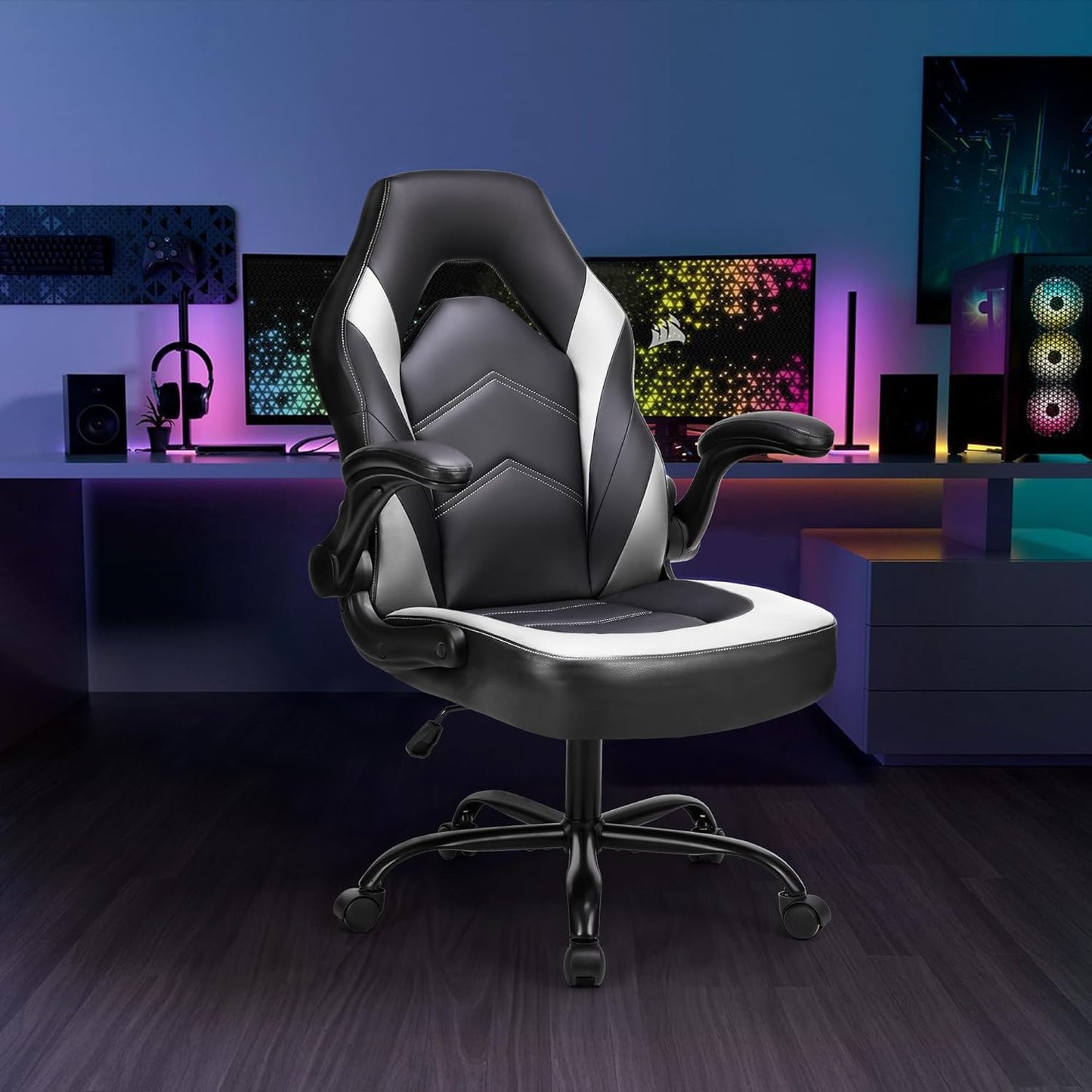 DUMOS Gaming Chair - Ergonomic Gaming Chair, Adjustable Swivel Gaming Chair Made of PU Leather with Folding Armrests, Suitable for Home, Offices etc. (Black-Gray)