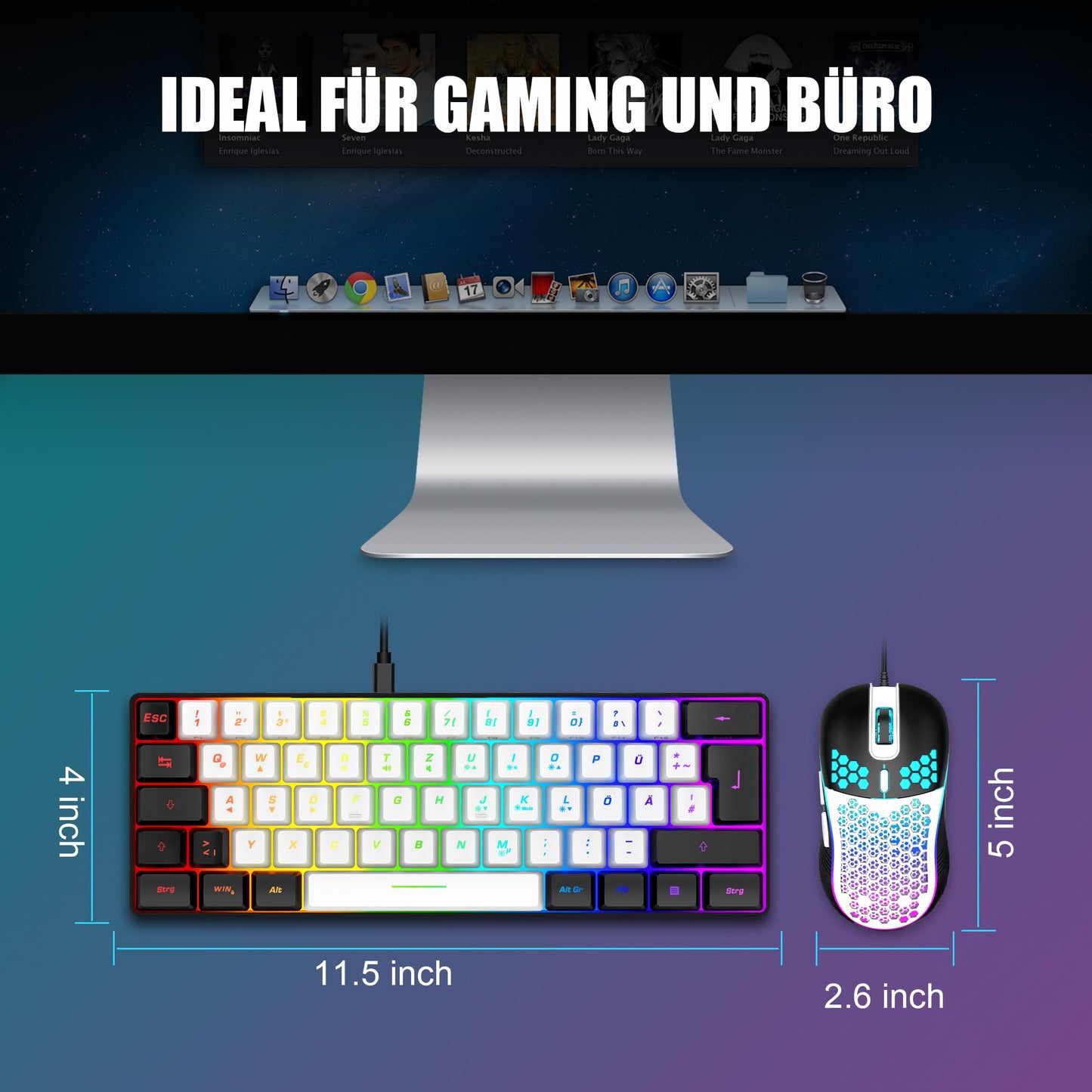 RedThunder 60% RGB Verkabelte Gaming Tastatur und Maus Set, Mini Gaming Tastatur, 62 Tastatur, DE Layout, Ultraleichte 7200 DPI Maus mit Wabenkonstruktion für PC MAC PS5 Xbox Gamer (Schwarz-Weiß)