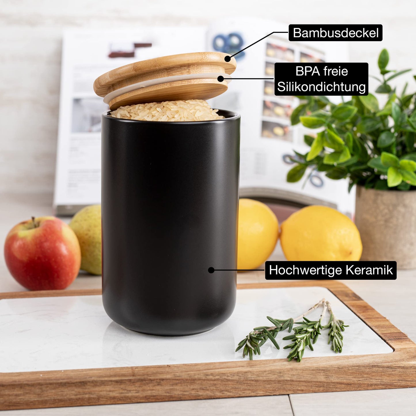 Moritz & Moritz 3x Vorratsdosen Schwarz 400ml, 600ml & 900 ml - Beschreibbar – 3x Keksdosen Keramik mit Deckel aus Bambus – Keramik Aufbewahrungsdose