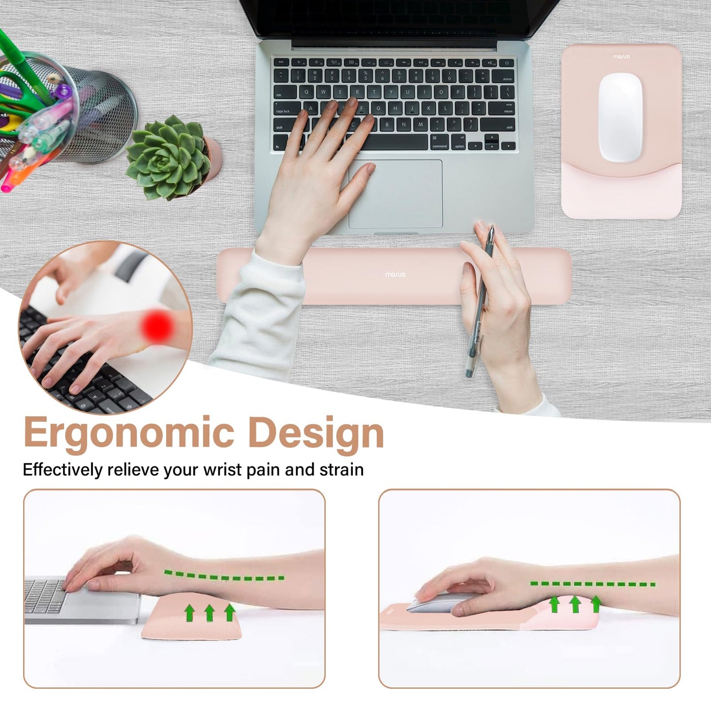 MOSISO Handgelenkstütze für Mauspad&Tastatur Set, Rechteckig Ergonomisch Mauspad Rutschfest Basis Home/Büro Schmerzlinderung&Typing Kissen mit Neopren Cloth&Erhöht Gebogen Memory Schaum,Grün