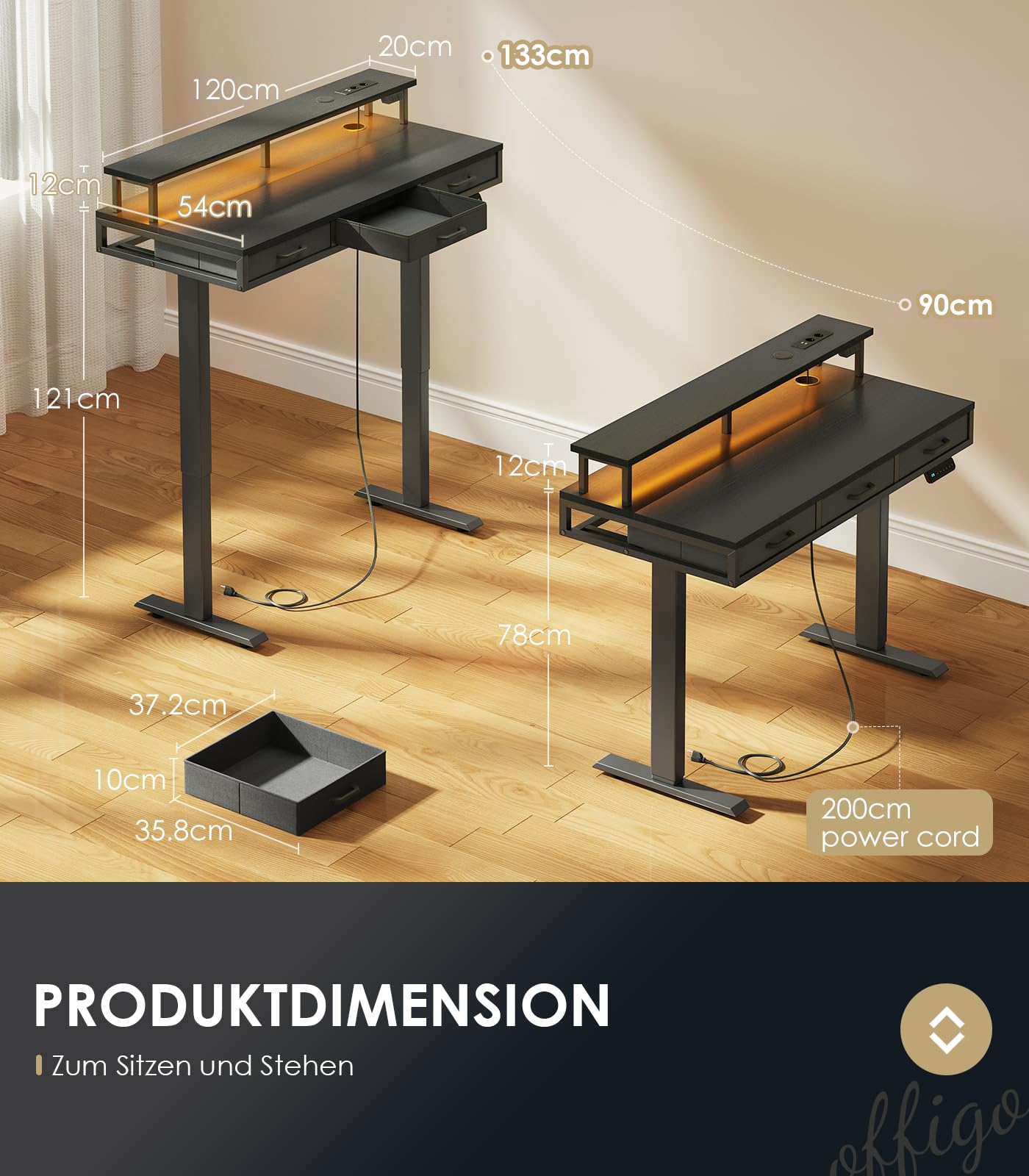 OffiGo Elektrischer Schreibtisch mit Schubladen, 120cm Höhenverstellbarer Schreibtisch mit Monitorständer, Gaming Tisch mit Steckdosen und Lichtleiste, Tisch Höhenverstellbar Bürotisch, Weiß