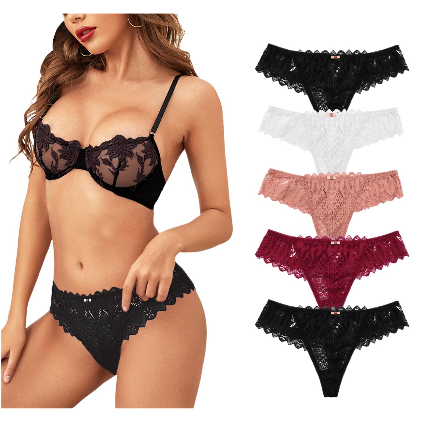 Lishang Women's Lace Thong 5-Pack - Sexy Low Waist Lingerie