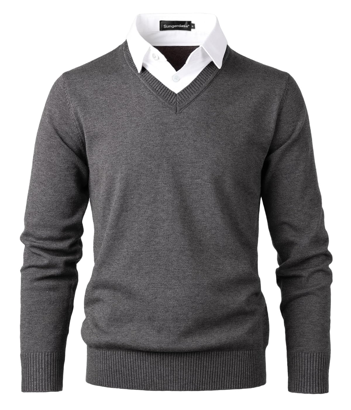 Sungerdasa Men’s 2-in-1 Mock Shirt Collar Sweater – Fine Knit Pullover