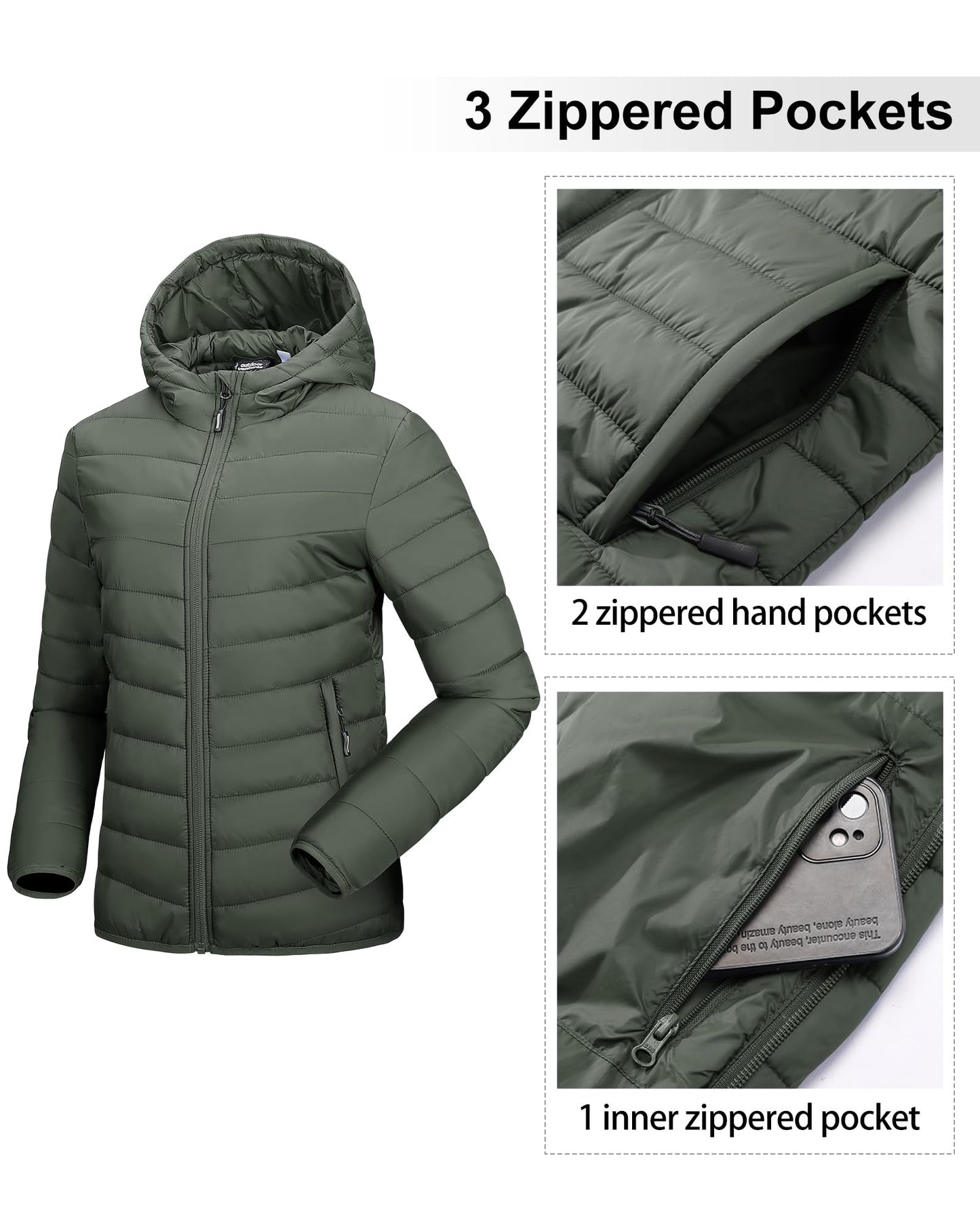 Outdoor Ventures Women’s Lightweight Hooded Puffer Jacket