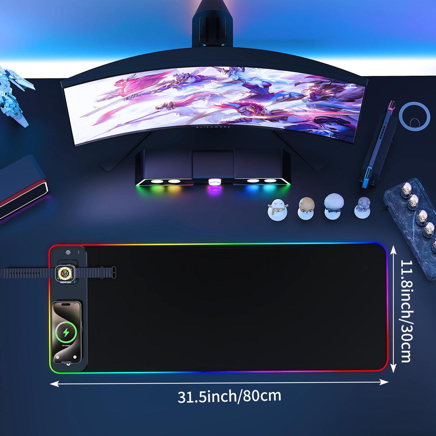 RGB Gaming Mauspad 15W Qi Mousepad LED, 10 Beleuchtungsmodi mit 15W Schnellladung Qi Kabelloses Laden für I-Phone Handy, Kopfhörer, Wasserdicht, rutschfest für Gaming, Schreibtische, PC und Büro