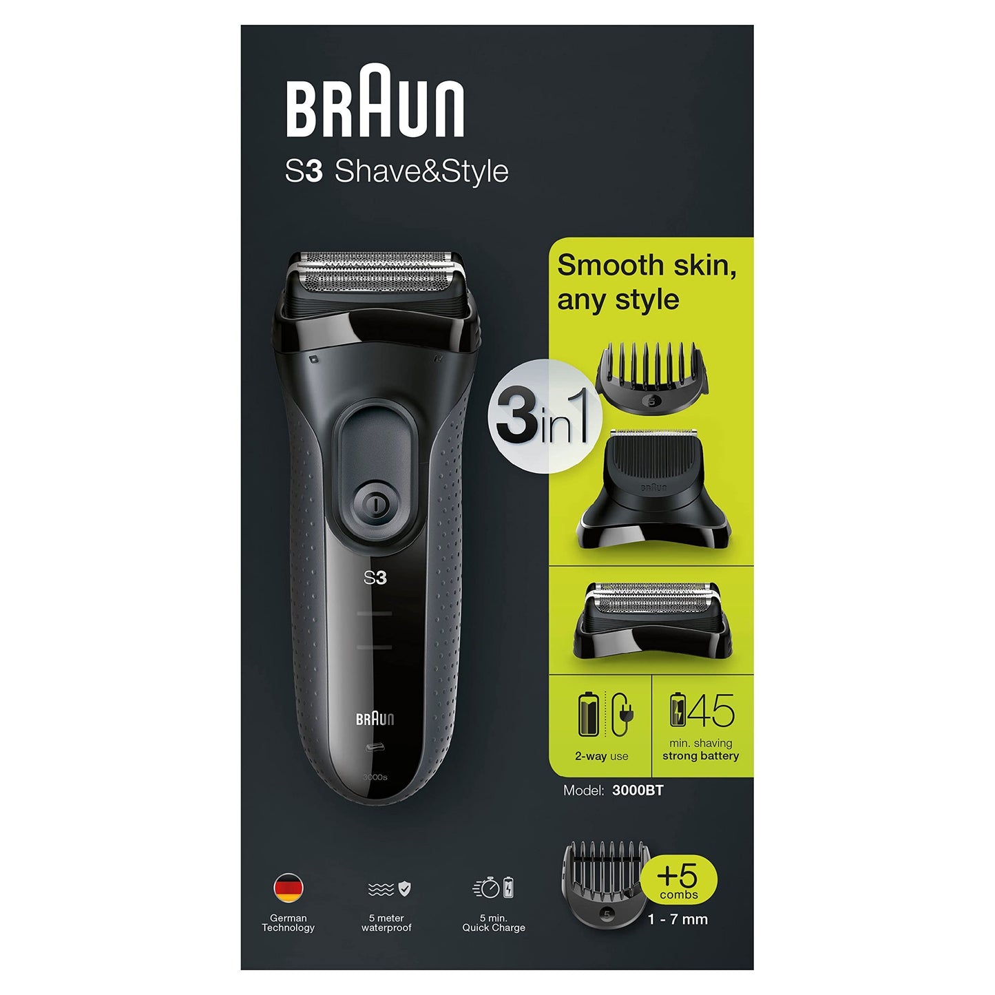 Braun Series 3 ProSkin Elektrorasierer mit Präzisionstrimmer, Rasierer Herren Elektrisch, elektrischer Rasierer, Wet&Dry, rasierapparat, trockenrasierer, Made in Germany, 3040s, schwarz/blau