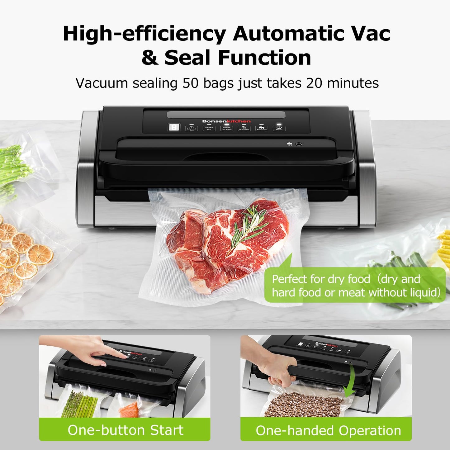 Bonsenkitchen Vakuumiergerät, Vakuumierer, Einschließlich 2 Rollen Vakuumrollen, Design mit Griffverriegelung, leistungsstarker geräuscharmer mit Globefish-Technologie, integrierter Schneider