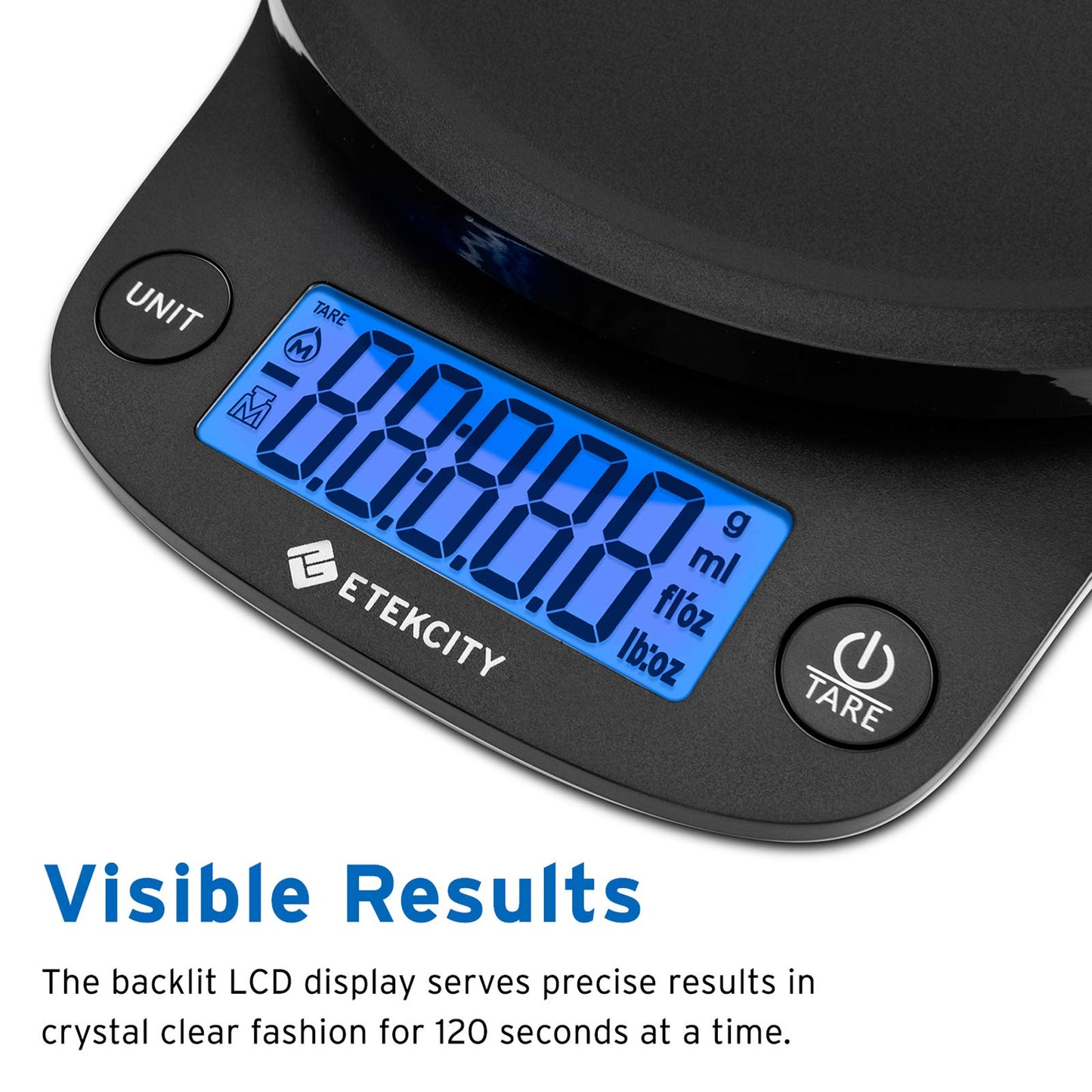 ETEKCITY Küchenwaage, digital 5KG mit großem LCD-Display,Digitalwaage, Briefwaage mit Großer Edelstahl Wiegefläche, Flüssigkeitsmessung, hohe Präzision auf bis zu 1g, Tara-Funktion, Silber