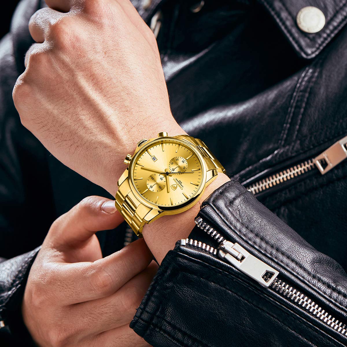 Herrenuhren mit lässiger wasserdichter Chronographen Quarzuhr aus Edelstahl und Metall, Auto Date in farbenfrohen Zeigern