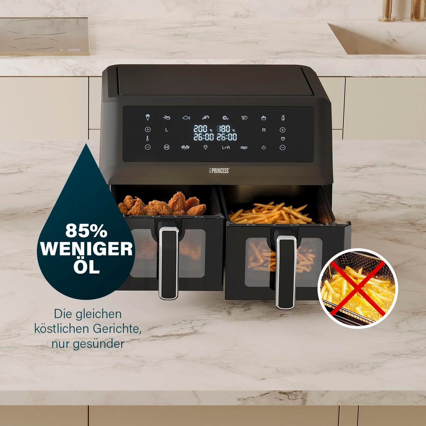 Princess Digital Hot Air Fryer - 6.5 L - with Removable Divider - 60 Percent Less Energy Consumption - Digital Touchscreen - 12 Programmes - Oil Free - Black - 182061