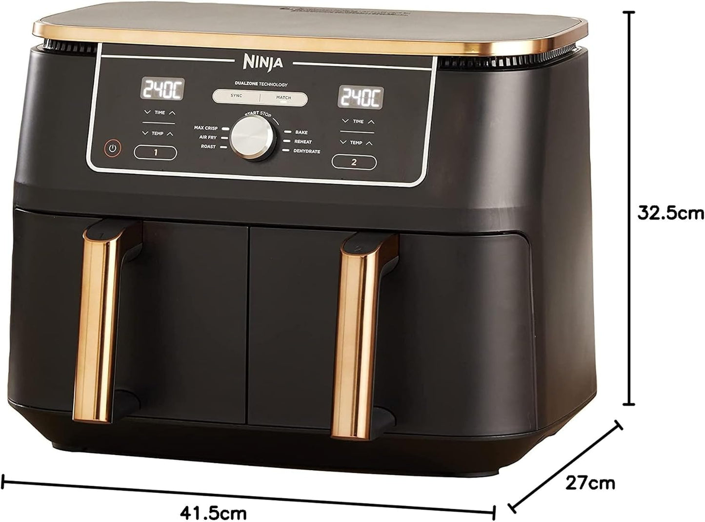 Ninja Foodi MAX Dual Zone Heißluftfritteuse, 9,5L Airfryer, 2 Fächer, mit Zange, Antihaftbeschichtung, spülmaschinenfeste Körbe, 6-in-1, Kupfer/Schwarz