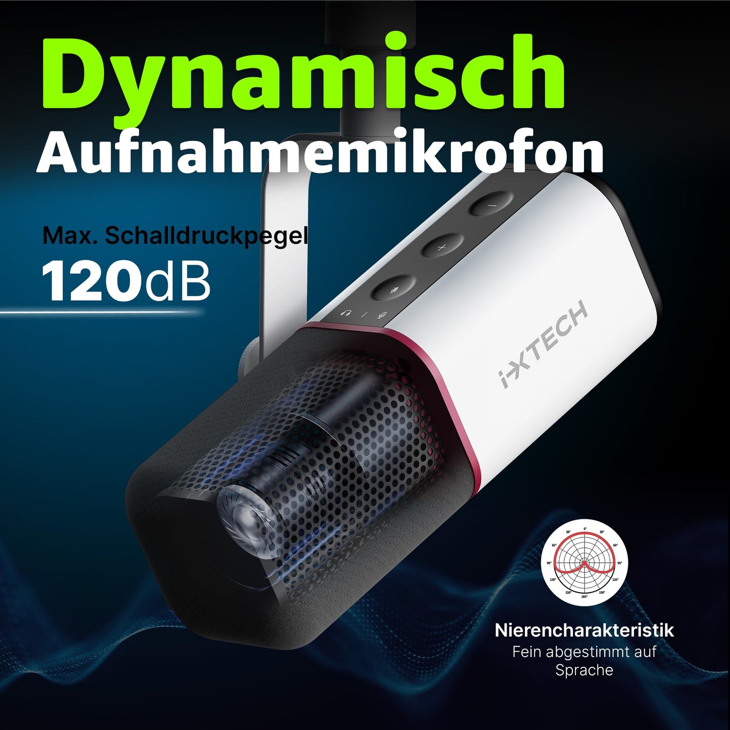 IXTECH Dynamisches Mikrofon mit Nierencharakteristik RGB Gesangsmikrofon USB XLR Studiomikrofon Software Stummschalttaste Microphone für Podcasting Streaming Aufnahme Gaming und Voice-Over Schwarz