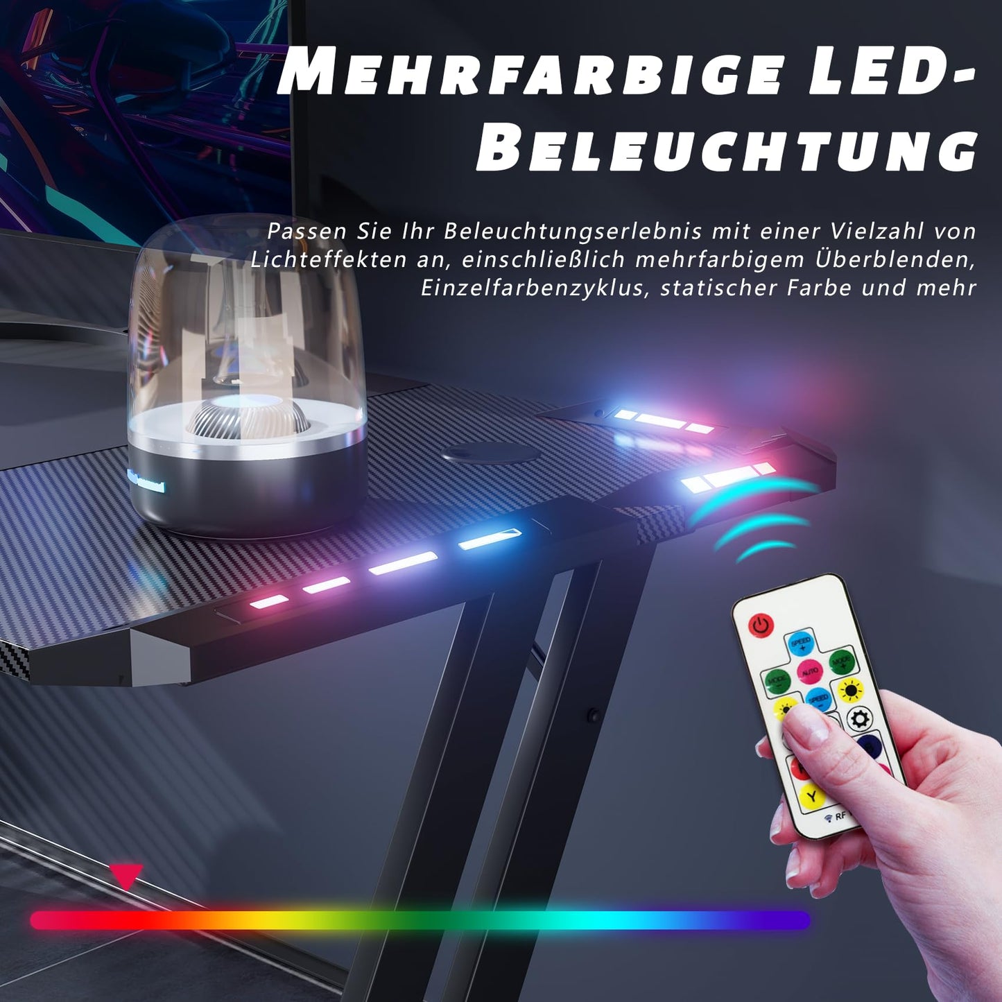 HLONONE 120 x 60 cm Gaming Tisch, Gaming Schreibtisch mit LED, PC Tisch Gaming mit Kohlefaseroberfläche, Stabiler Computertisch für Gaming mit Kopfhörerhaken und Getränkehalter, Schwarz