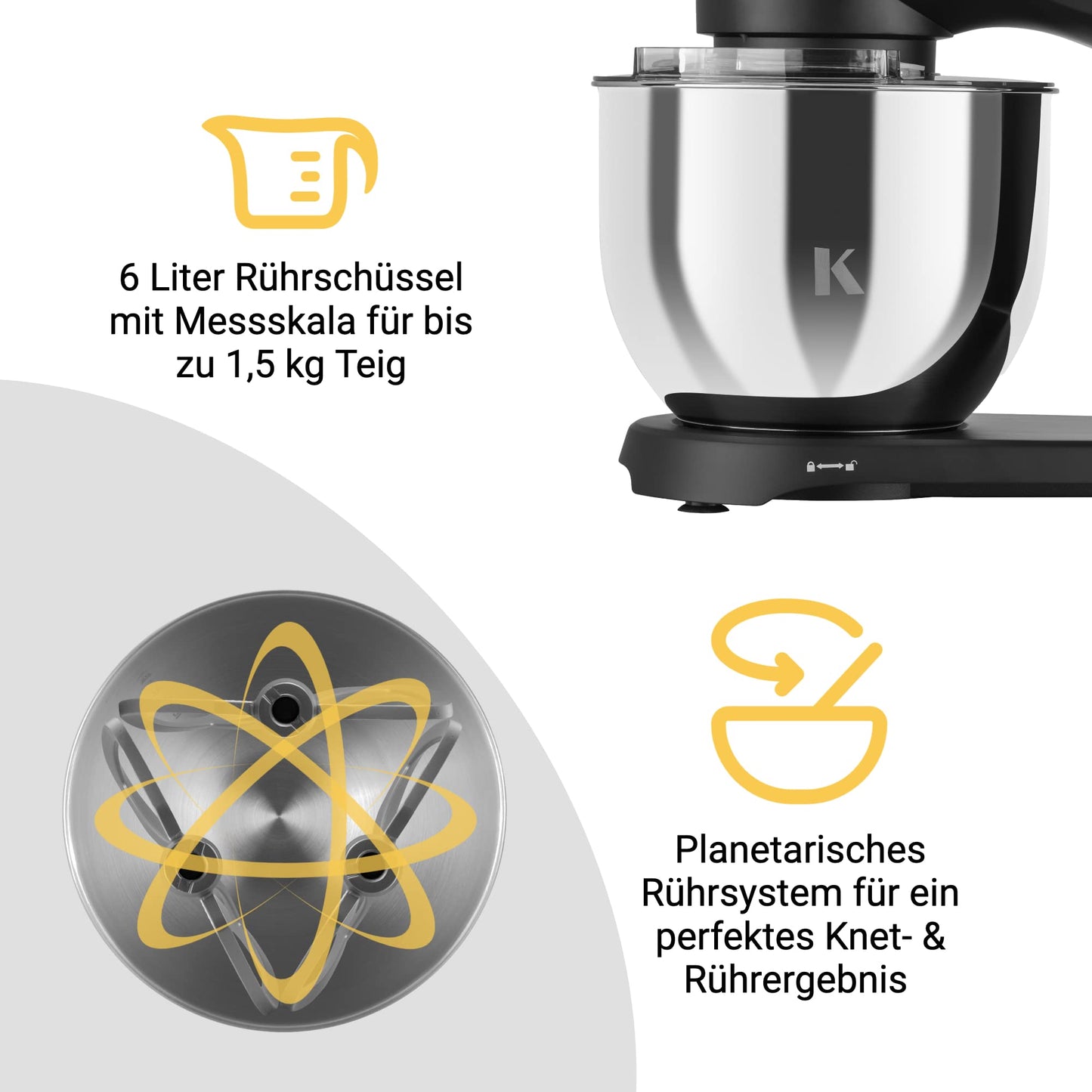 KLAMER Küchenmaschine 1800W, Knetmaschine Brotteig mit Edelstahl-Rührschüssel 6 L, 10 Stufen mit Timer, Planetenrührwerk, Rührbesen, Knethaken, Schneebesen & Sichtdeckel (schwarz)
