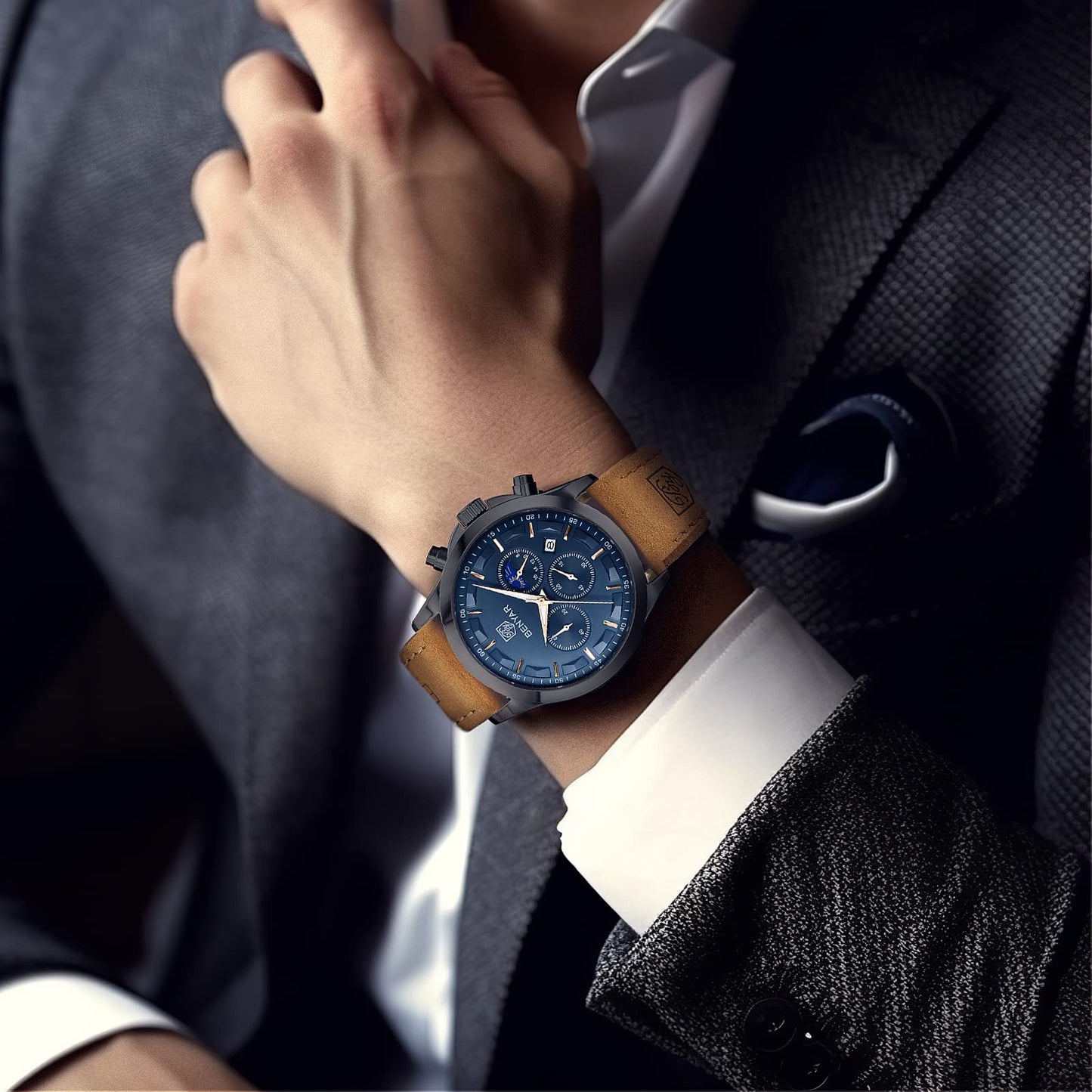 BY BENYAR Uhren Herren Chronograph Analog Quarz Wasserdicht Armbanduhr Herren Mode Lässig Business Herrenuhr mit Kalender Lederarmband/Edelstahlarmband Uhr Geschenk für Männer