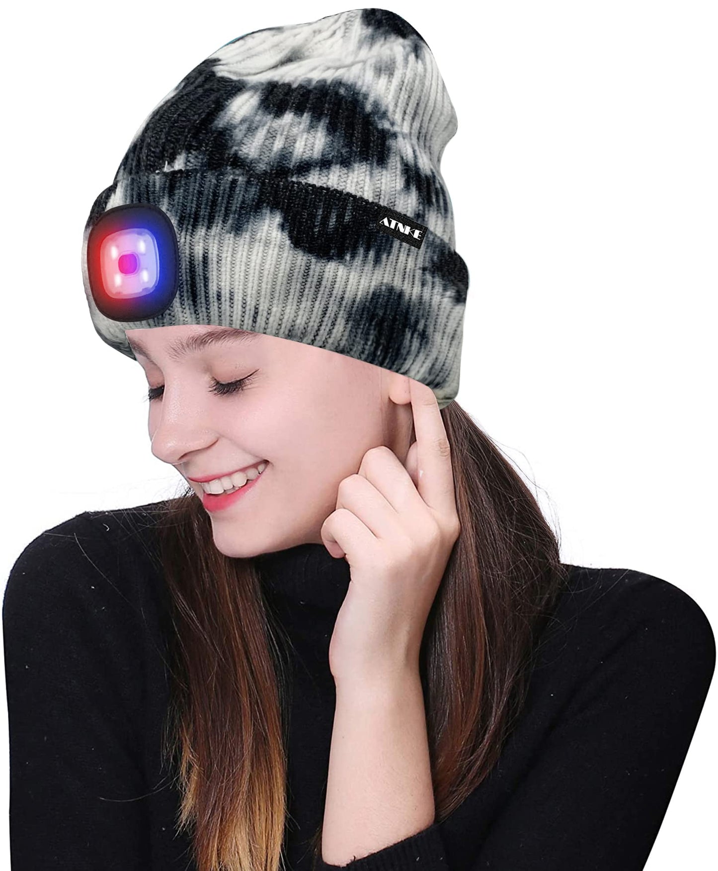 ATNKE LED Beleuchtete Mütze,Wiederaufladbare USB 4 LED Rot und Blau Leuchten Blinkender Laufmütze mit Licht Extrem Heller Lampe Winter Warme für Herren und Damen Geschenke