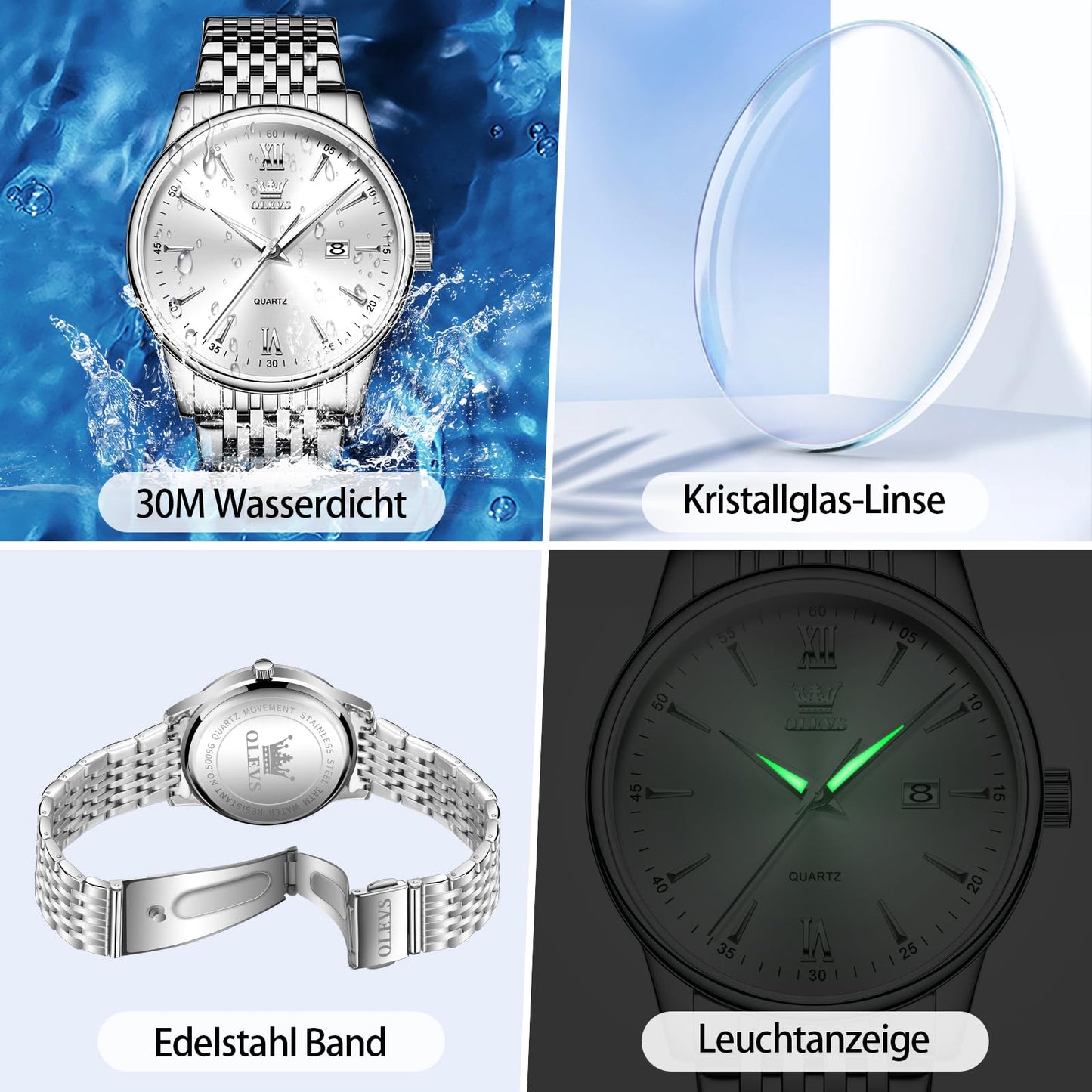 OLEVS Uhren Herren, Analoge Quarz Leucht Armbanduhr, wasserdichte Datum Edelstahl Herrenuhr, Klassische Mode Business Freizeituhren, Elegantes Geschenk für Männer