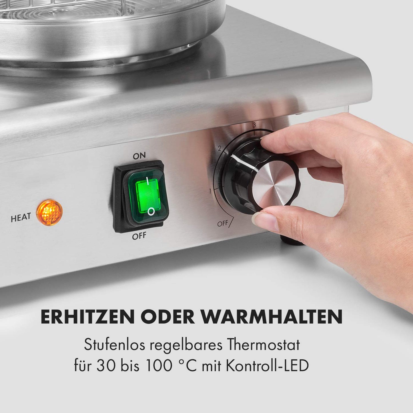 Klarstein Wurstfabrik Pro 550 Hot Dog Maker, 550 Watt, 2 Heizspieße, Temperaturregler 30-100 °C, Glaszylinder: Ø 20 cm, Edelstahlkäfig: Ø 17 cm, Edelstahlgehäuse,Profi Würstchenkocher, silber