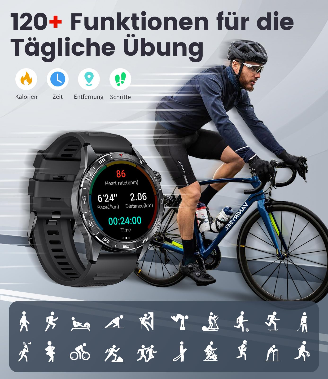 LIGE Smartwatch Herren mit 400mAh Lange Akkulaufzeit für Android iOS,1.43'' Amoled Display,110+ Sportmodi,Bluetooth-Anrufe,IP68 Wasserdicht Fitnessuhr mit Herzfrequenz, SpO2, Schlafmonitor,3 Armbänder