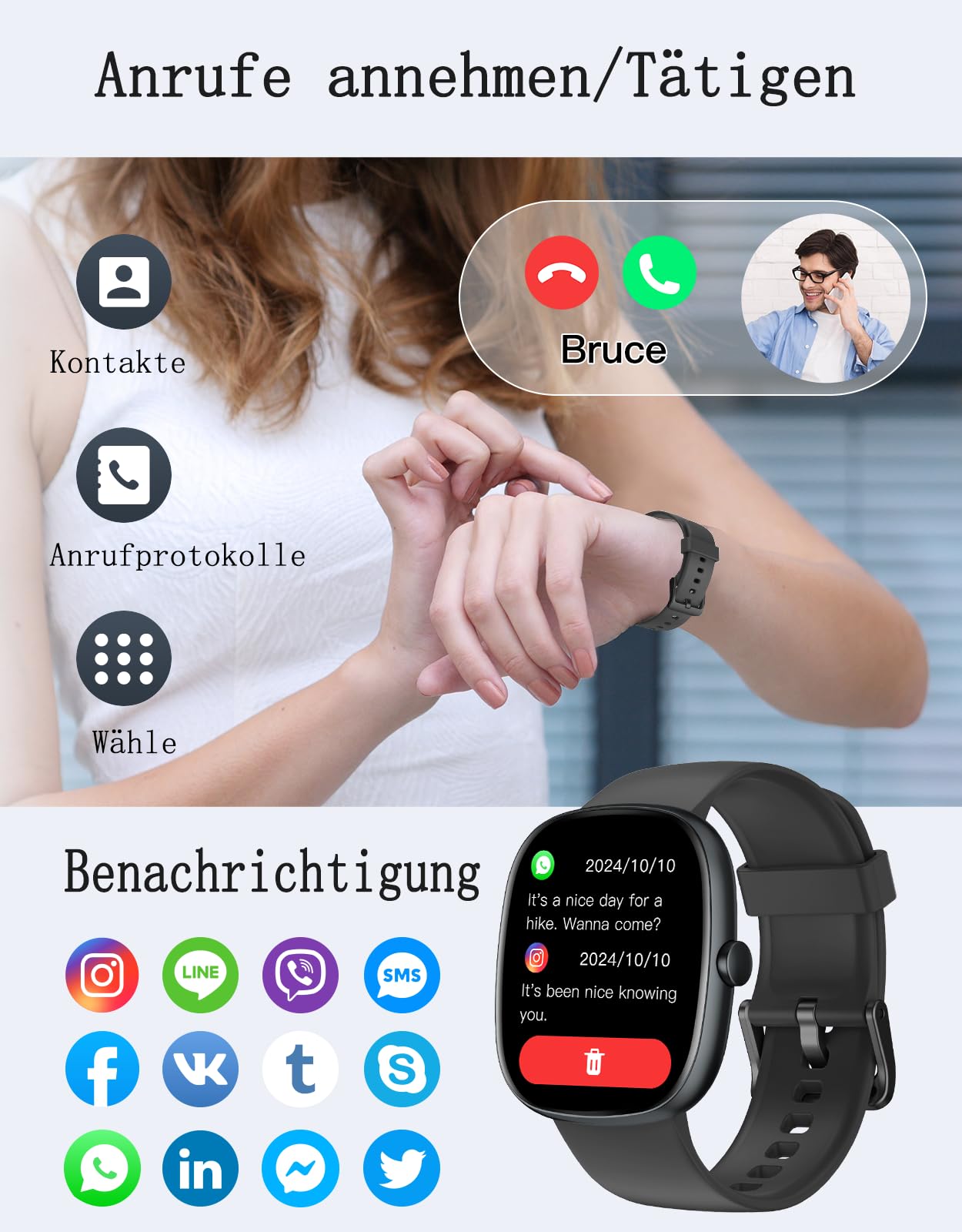 HUAKUA Smartwatch Damen Herren mit Telefonfunktion,1,85" Smartwatch mit 100+Sportmodi Fitnessuhr mit Pulsuhr Schlafmonitor SpO2 Schrittzähler Fitness Tracker IP68 Wasserdicht für Anforid iOS Handy