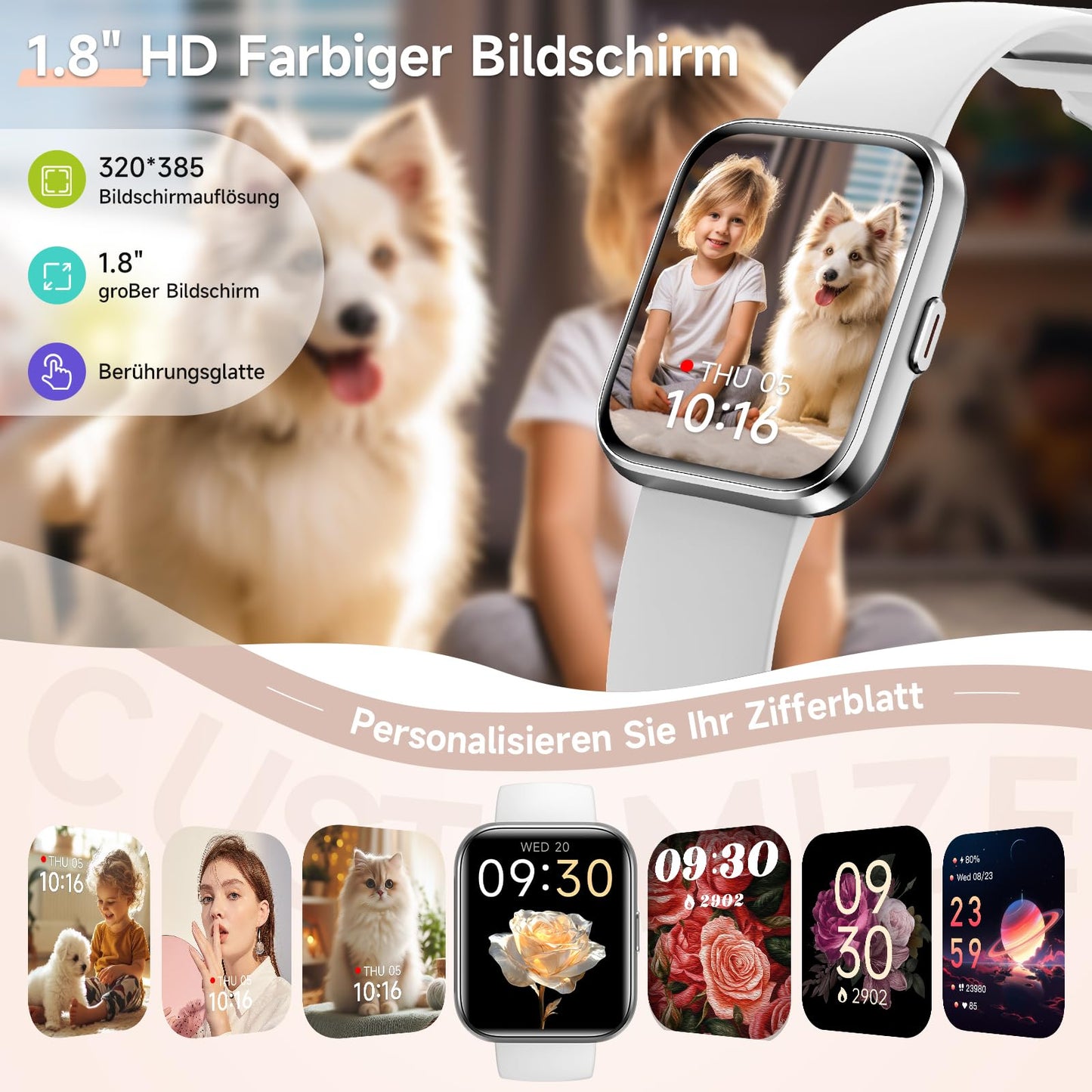 Smartwatch Damen Herren, Smart Watch mit Telefonfunktion Alexa, 1,8" Fitnessuhr Damen Sportuhr mit 100 Sportmodi & IP68, Herzfrequenz SpO2 Schlafmonitor, Armbanduhr Schrittzähler Uhr für Android iOS