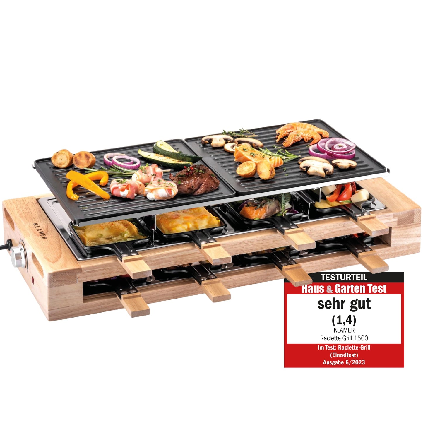 KLAMER Raclette 8 Personen, 1500W Raclette Grill mit Holzgestell, Raclette mit antihaftbeschichteter Grillplatte, Tischgrill elektrisch