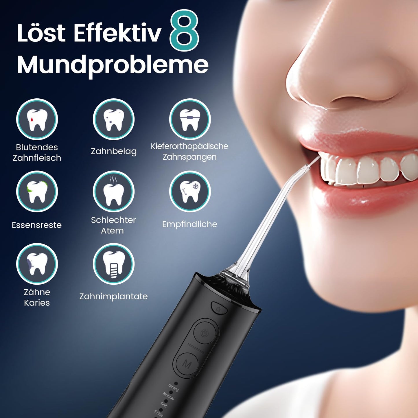 Munddusche Kabellos Elektrischer Zahnreiniger, Vimmk Zahndusche Water Flosser 5 Modi & 8 Düsen USB-C Wiederaufladbare Wasser Flosser IPX7 Wasserdicht, 300ML Wassertank Mund Reiniger(Schwarz)
